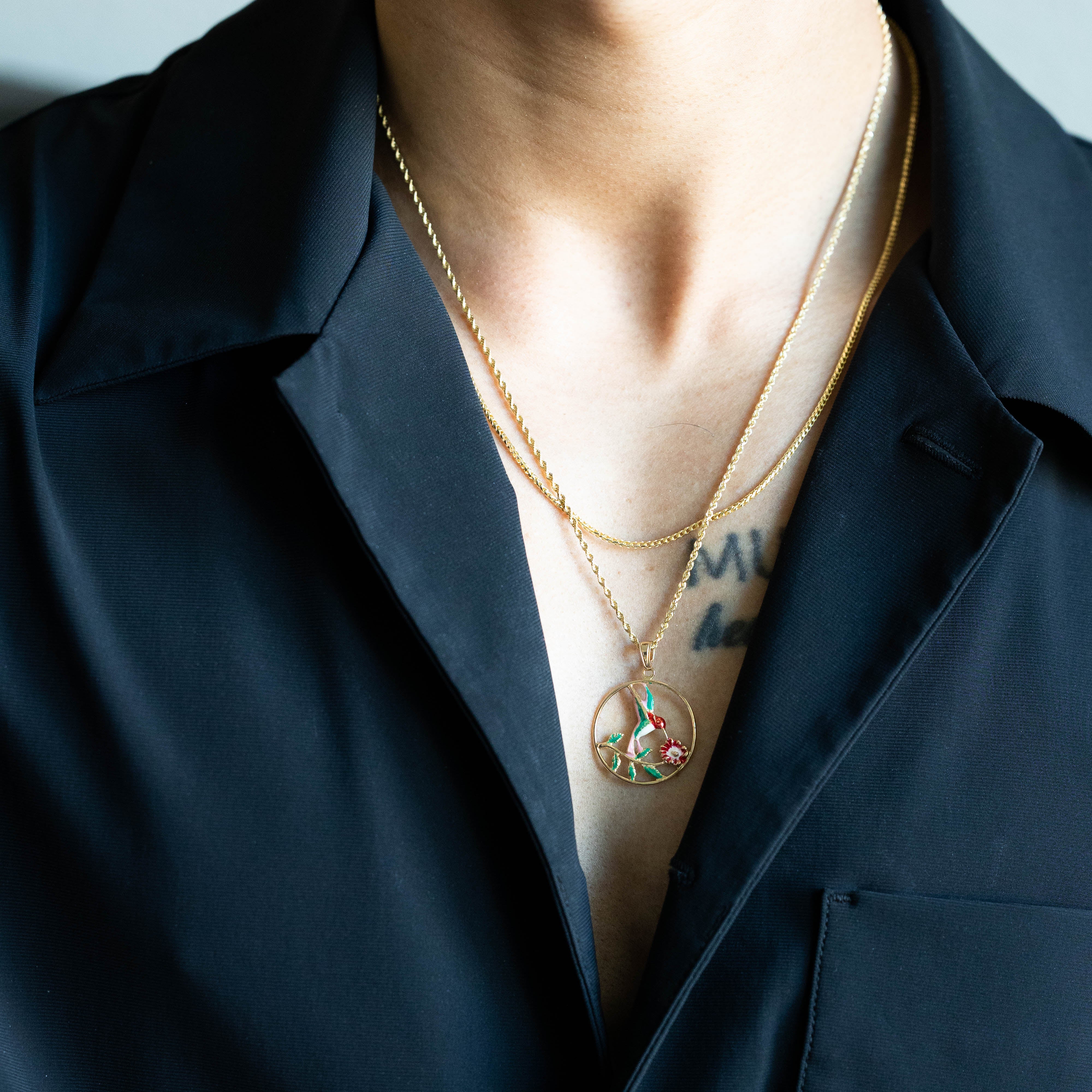 14K Gold Hummingbird With Flower Enamel Pendant - Model K4221