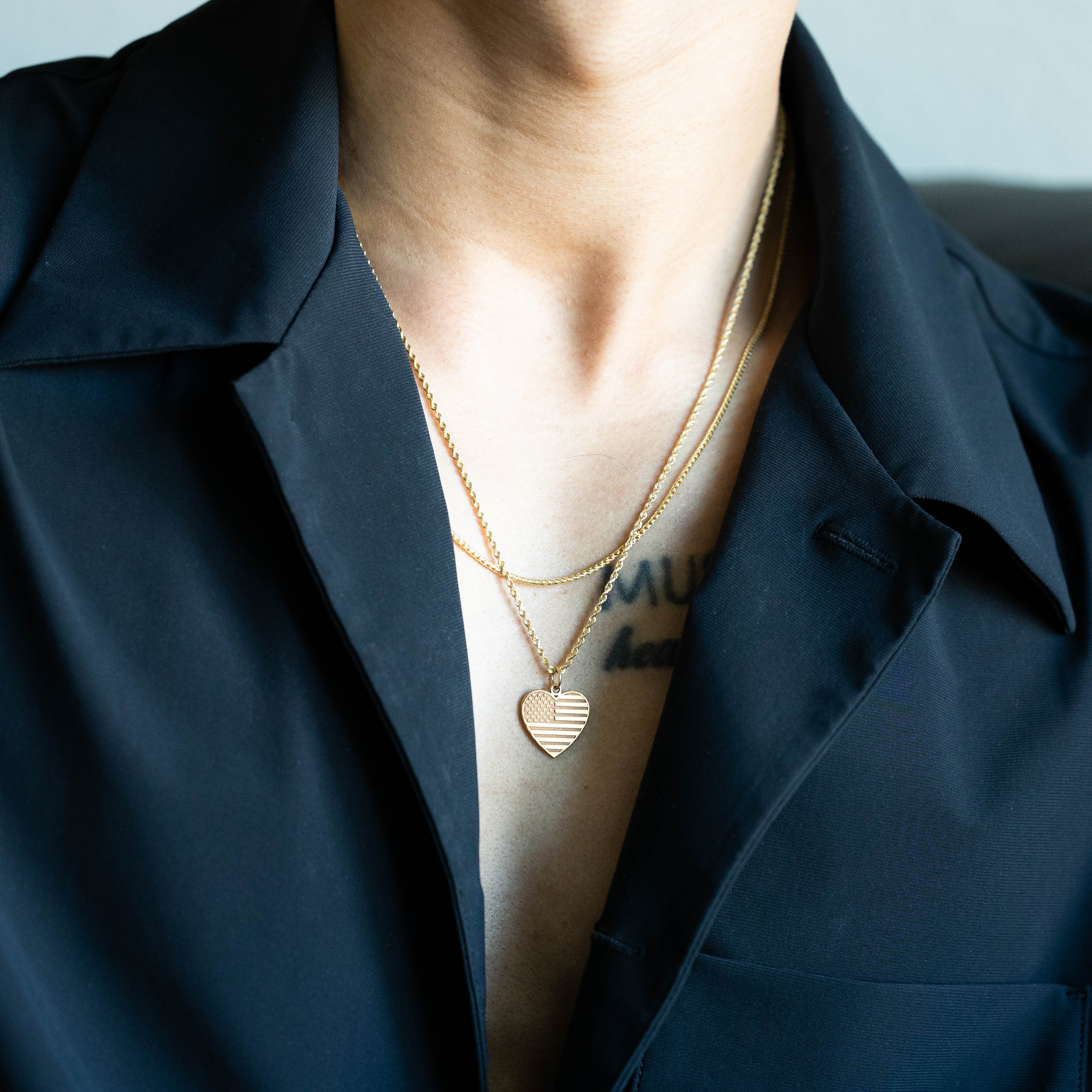 14K Gold American Flag Heart Pendant - Model C1798 - Charlie & Co. Jewelry