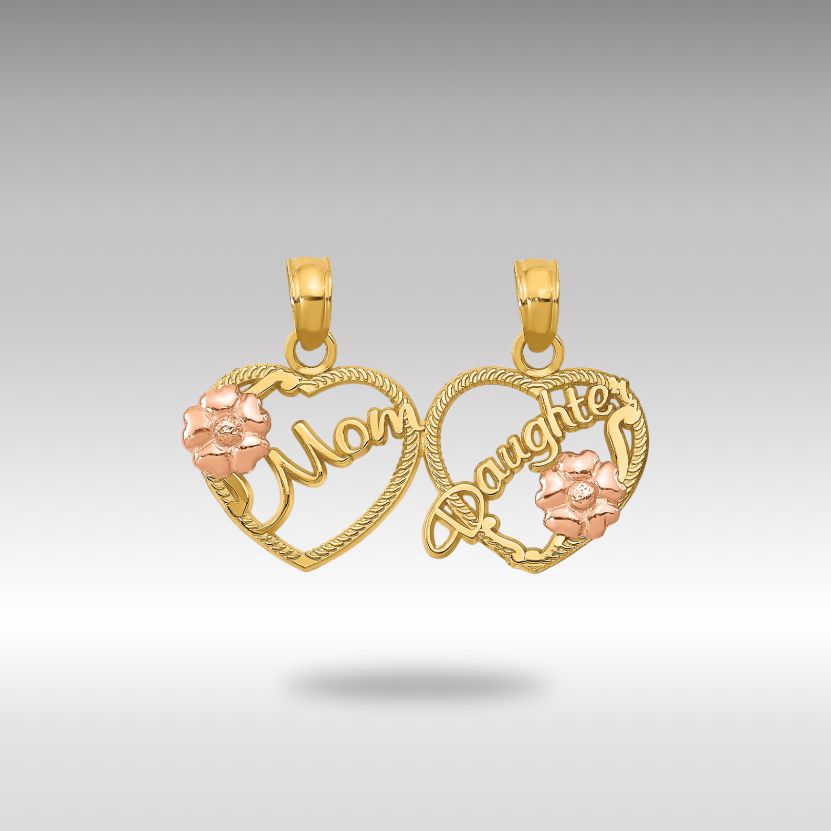Gold 'Mom - Daughter' Break-Apart Hearts Necklace Pendant Model-K1714 - Charlie & Co. Jewelry