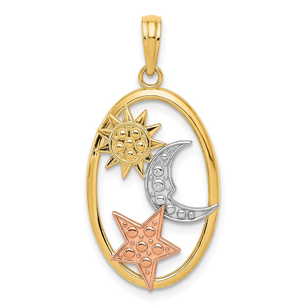 Gold Sun-Moon-Star Oval Pendant Necklace Model-K3191 - Charlie & Co. Jewelry