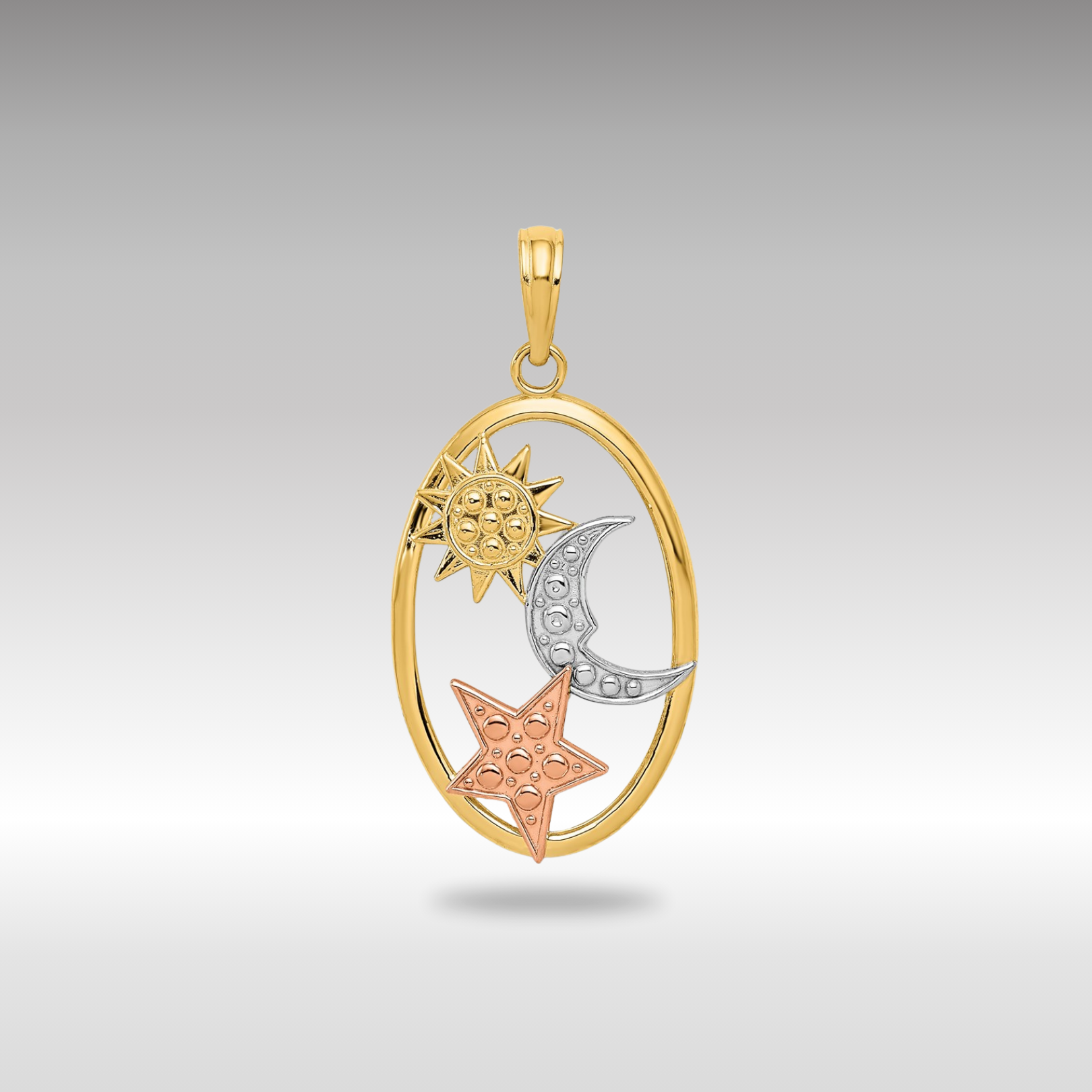 Gold Sun-Moon-Star Oval Pendant Necklace Model-K3191 - Charlie & Co. Jewelry