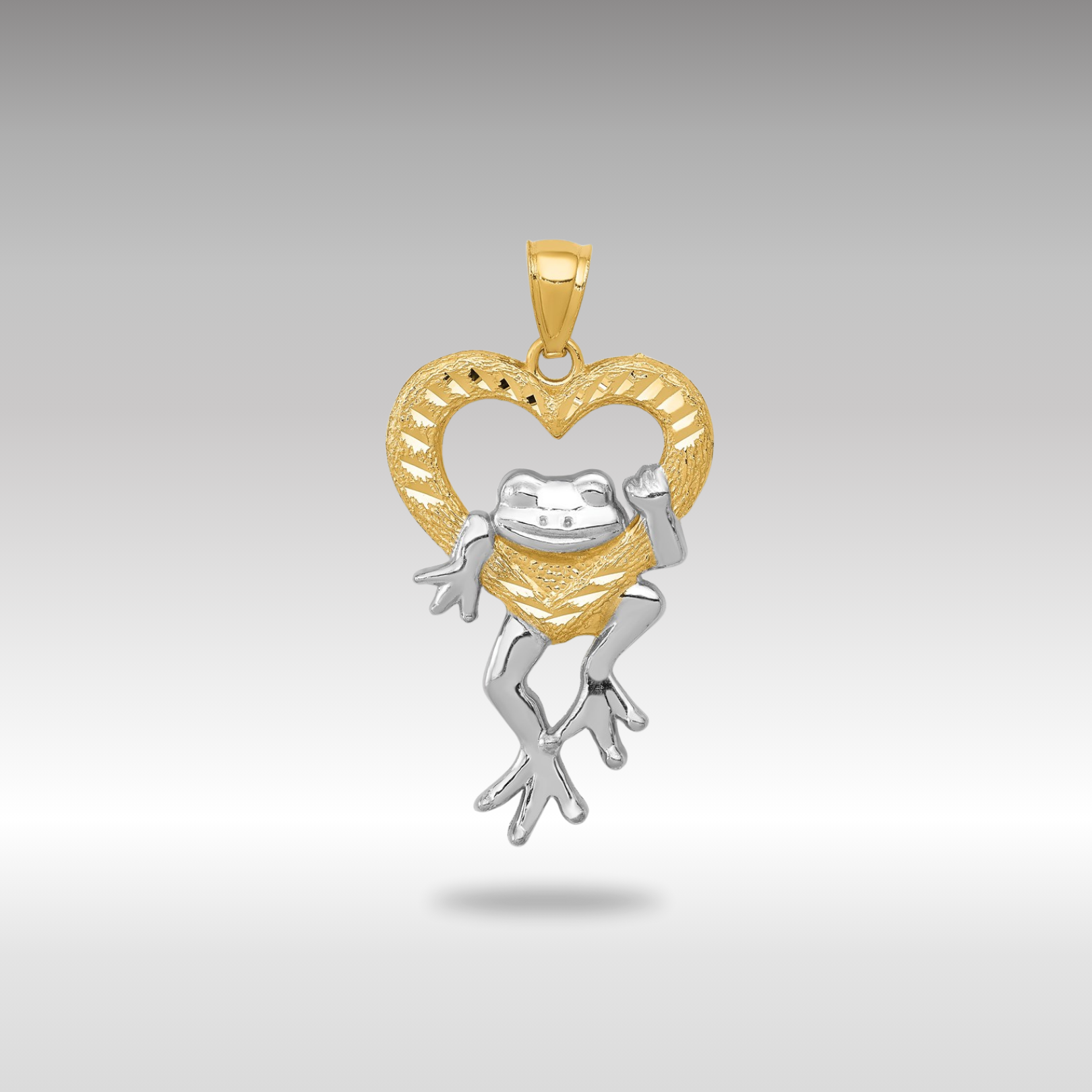Yellow and White Gold Diamond-Cut Frog in Heart Pendant - Charlie & Co. Jewelry