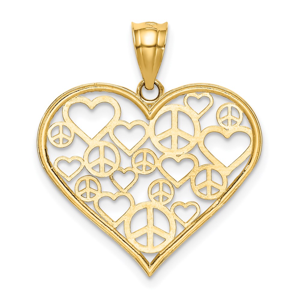 Gold Polished Hearts and Peace Signs in Heart Pendant Necklace - Model K3991 - Charlie & Co. Jewelry