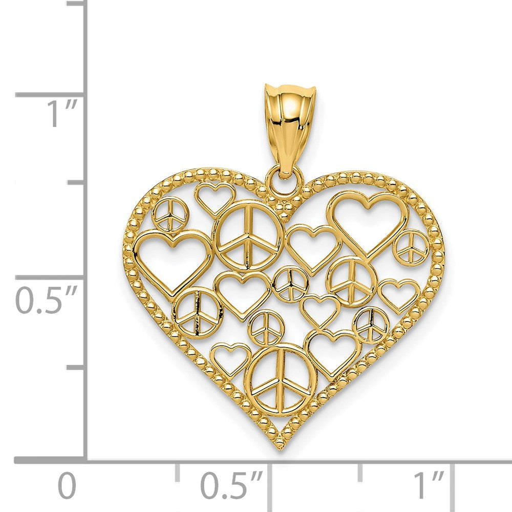 Gold Polished Hearts and Peace Signs in Heart Pendant Necklace - Model K3991 - Charlie & Co. Jewelry