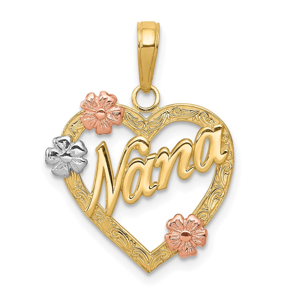 Gold 'NANA' in Heart with Flowers Necklace Pendant Model-K4083 - Charlie & Co. Jewelry