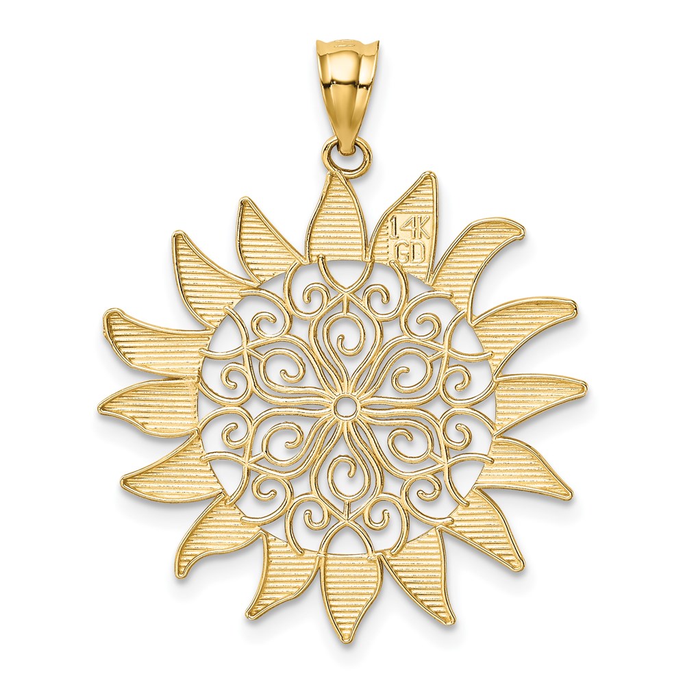 Gold Large Filigree Sun Pendant Necklace Model-K4813 - Charlie & Co. Jewelry