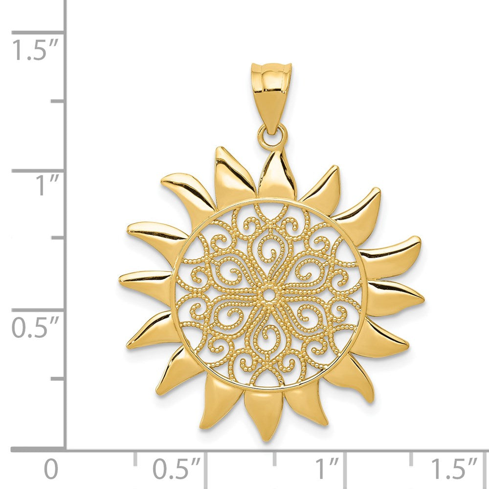 Gold Large Filigree Sun Pendant Necklace Model-K4813 - Charlie & Co. Jewelry