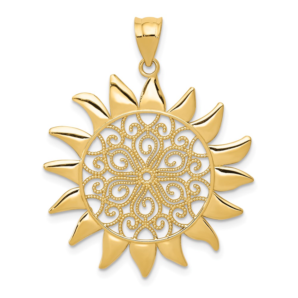 Gold Large Filigree Sun Pendant Necklace Model-K4813 - Charlie & Co. Jewelry