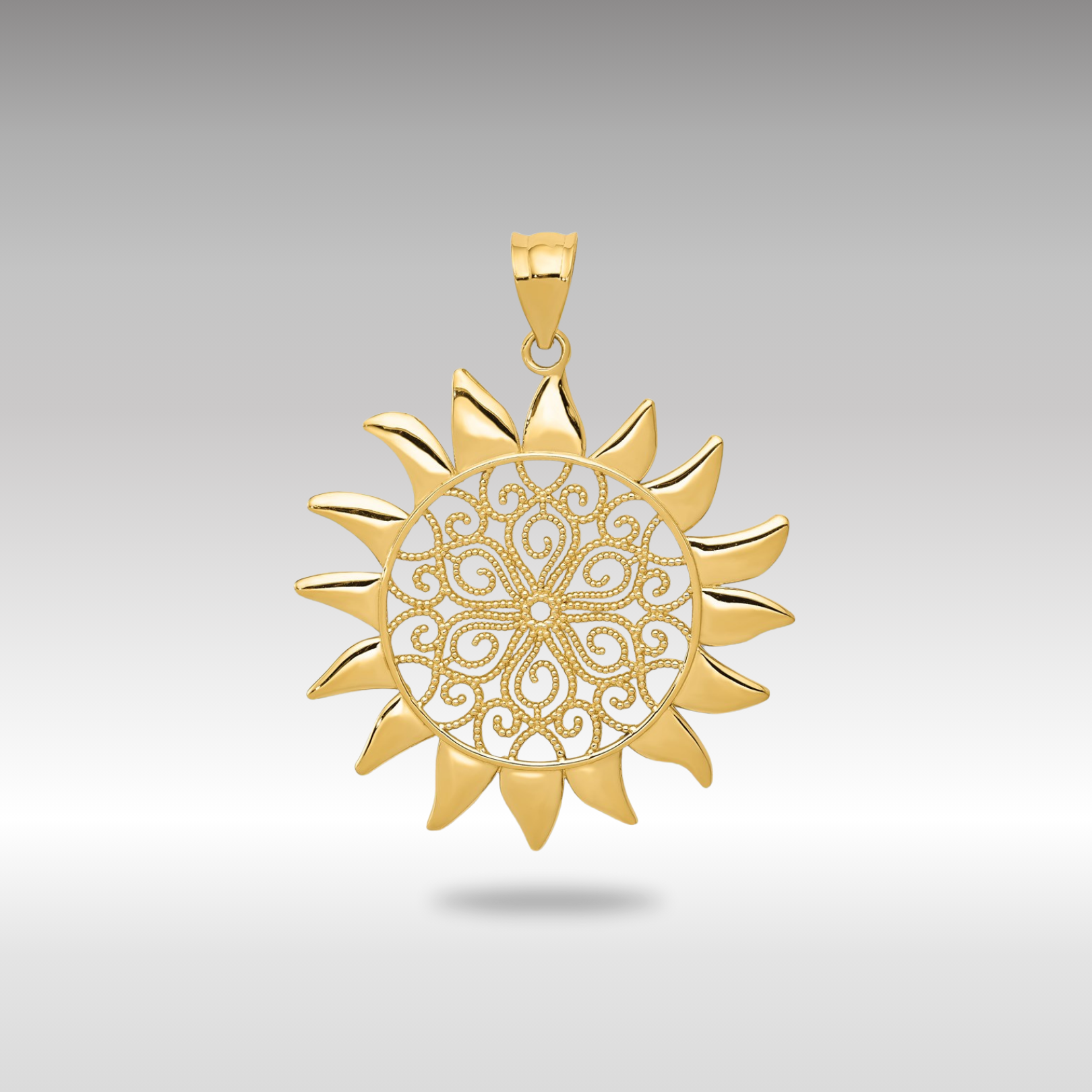 Gold Large Filigree Sun Pendant Necklace Model-K4813 - Charlie & Co. Jewelry
