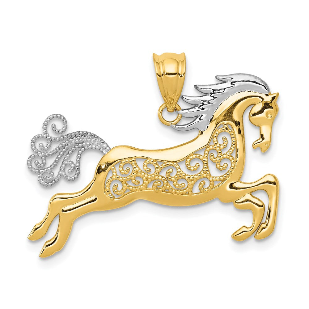 14k Gold with Rhodium Filigree Horse Necklace Pendant - Charlie & Co. Jewelry