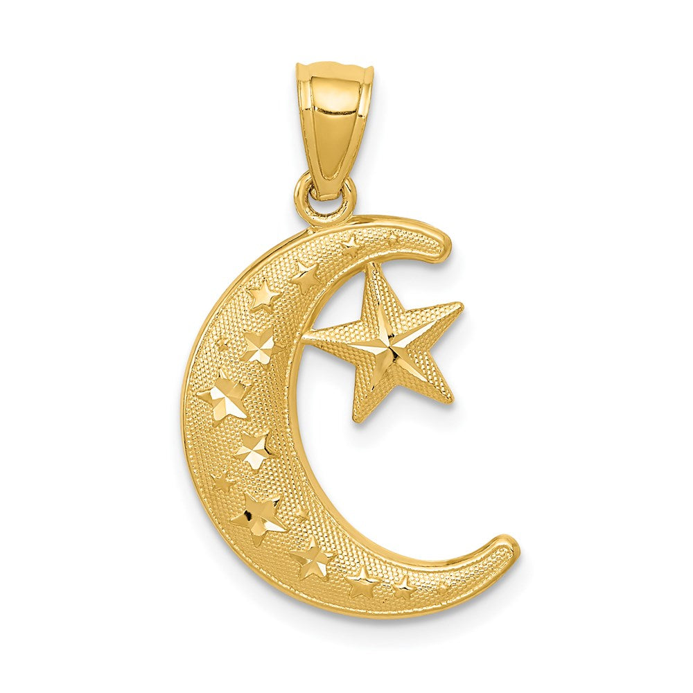 Gold Polished and Textured Moon and Stars Pendant Necklace Model-K5299 - Charlie & Co. Jewelry