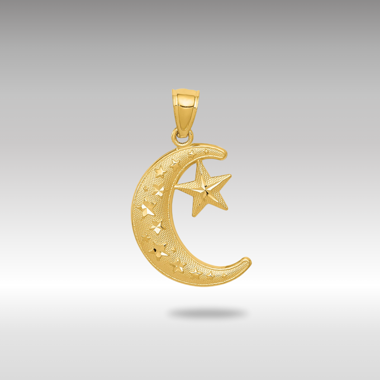 Gold Polished and Textured Moon and Stars Pendant Necklace Model-K5299 - Charlie & Co. Jewelry