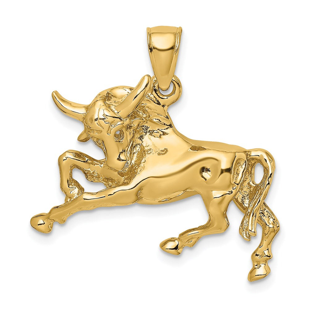 Gold Large Polished Raging Bull with Horns Charm Necklace - Model K6491 - Charlie & Co. Jewelry