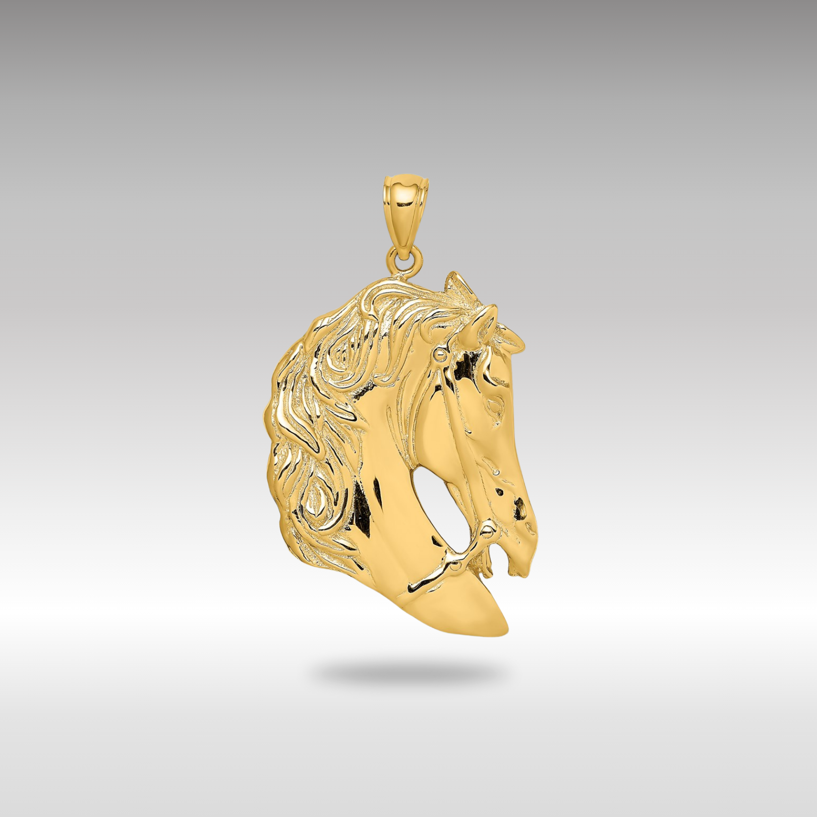 Gold Polished Large Horse Head with Long Mane Charm Necklace - Model K6531 - Charlie & Co. Jewelry