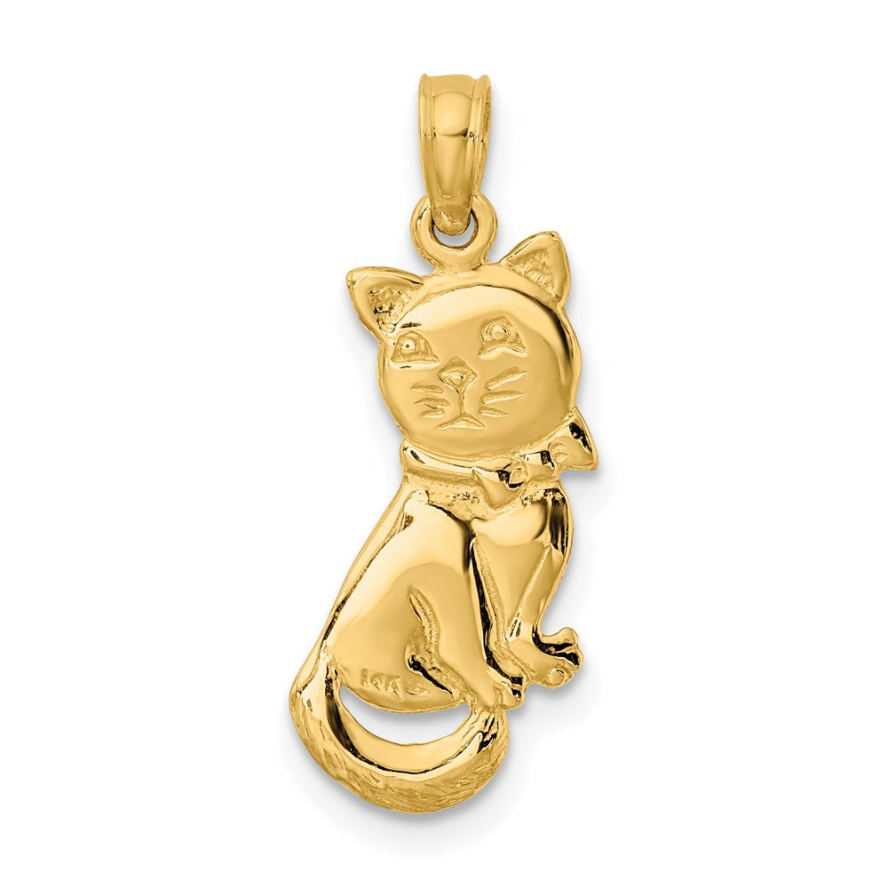 14k Gold 3-D Cat and Bow Sitting Cat Necklace Pendant - Charlie & Co. Jewelry