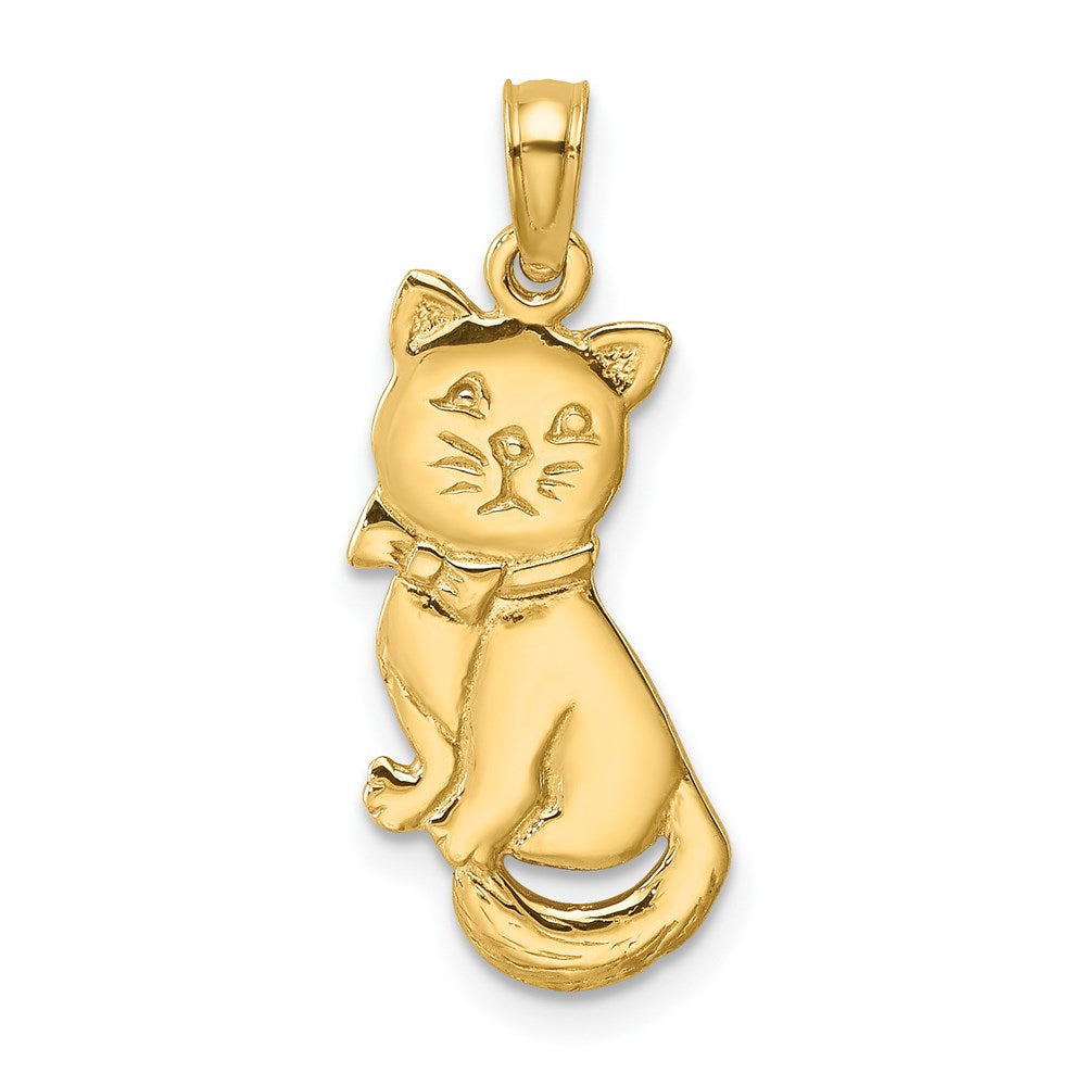 14k Gold 3-D Cat and Bow Sitting Cat Necklace Pendant - Charlie & Co. Jewelry