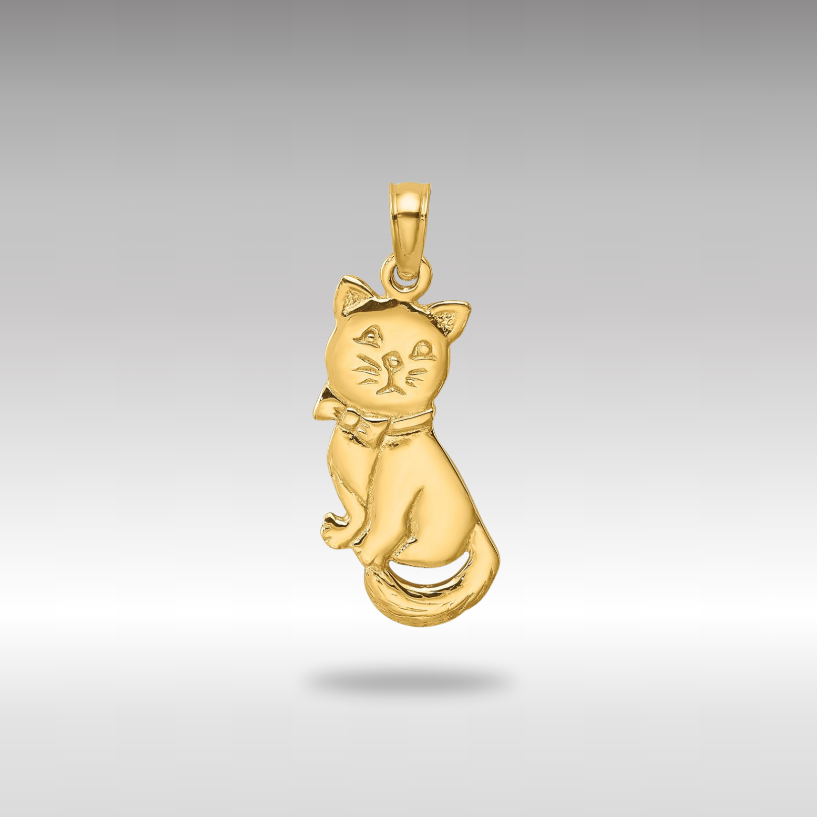 Gold 3-D Cat and Bow Sitting Cat Necklace Pendant - Charlie & Co. Jewelry