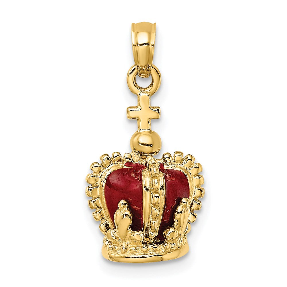 14K Gold 3D Crown Pendant with Red Enamel and Cross - Charlie & Co. Jewelry