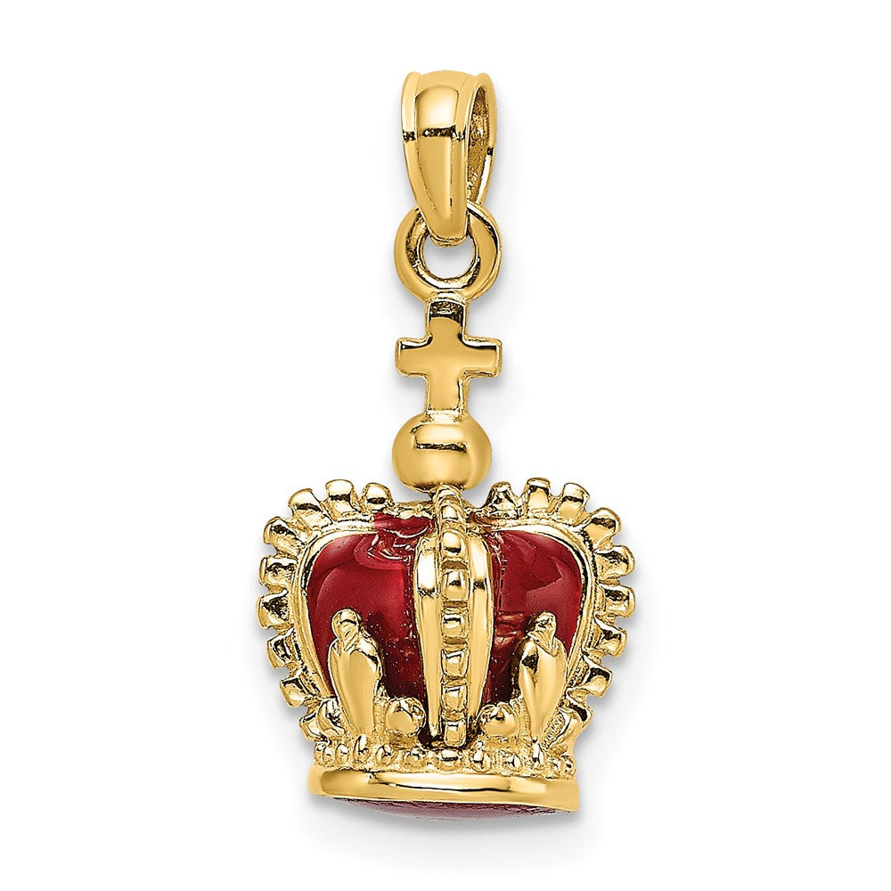 14K Gold 3D Crown Pendant with Red Enamel and Cross - Charlie & Co. Jewelry