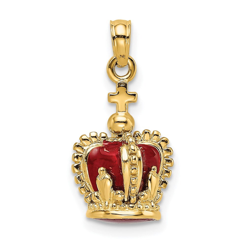 14K Gold 3D Crown Pendant with Red Enamel and Cross - Charlie & Co. Jewelry