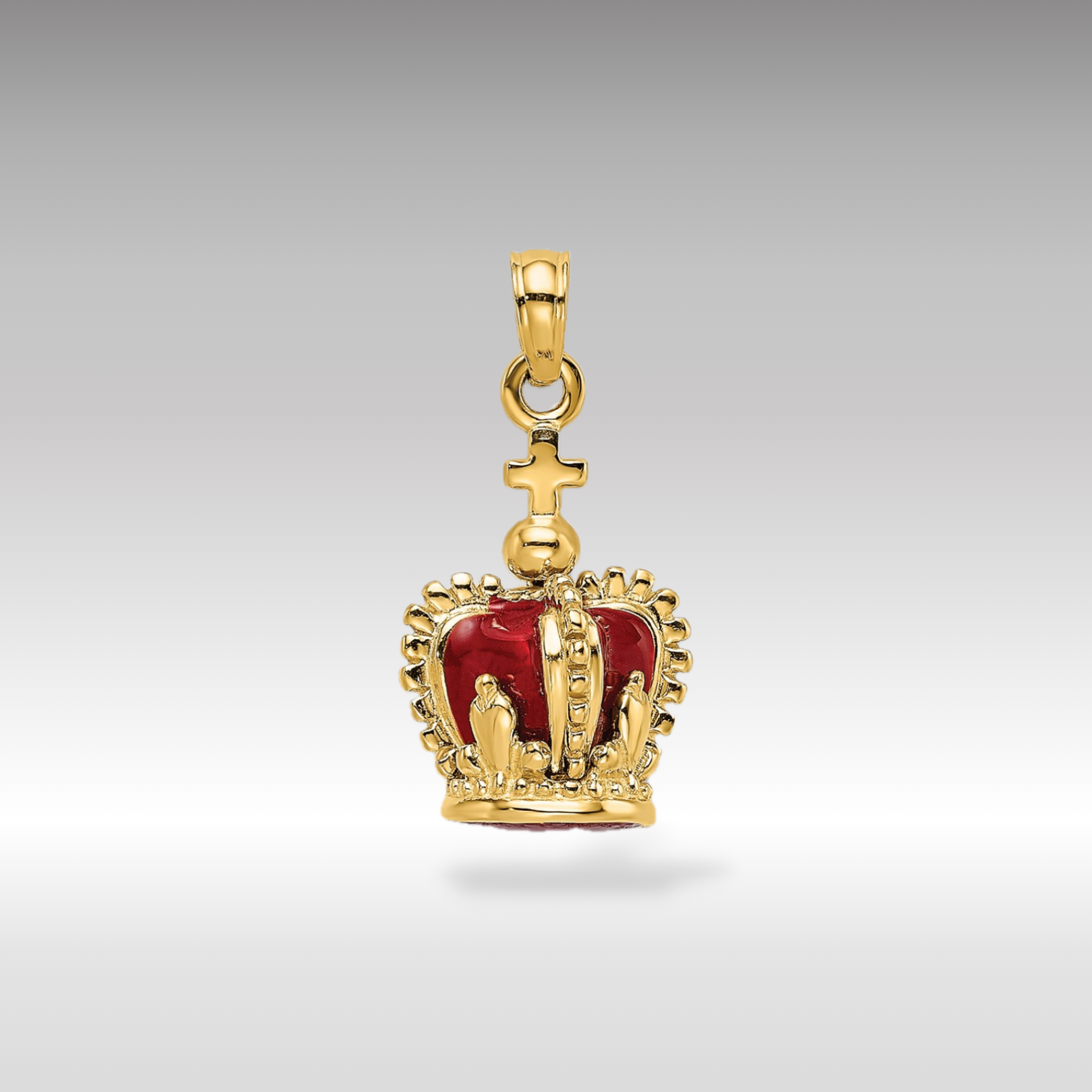 14K Gold 3D Crown Pendant with Red Enamel and Cross - Charlie & Co. Jewelry