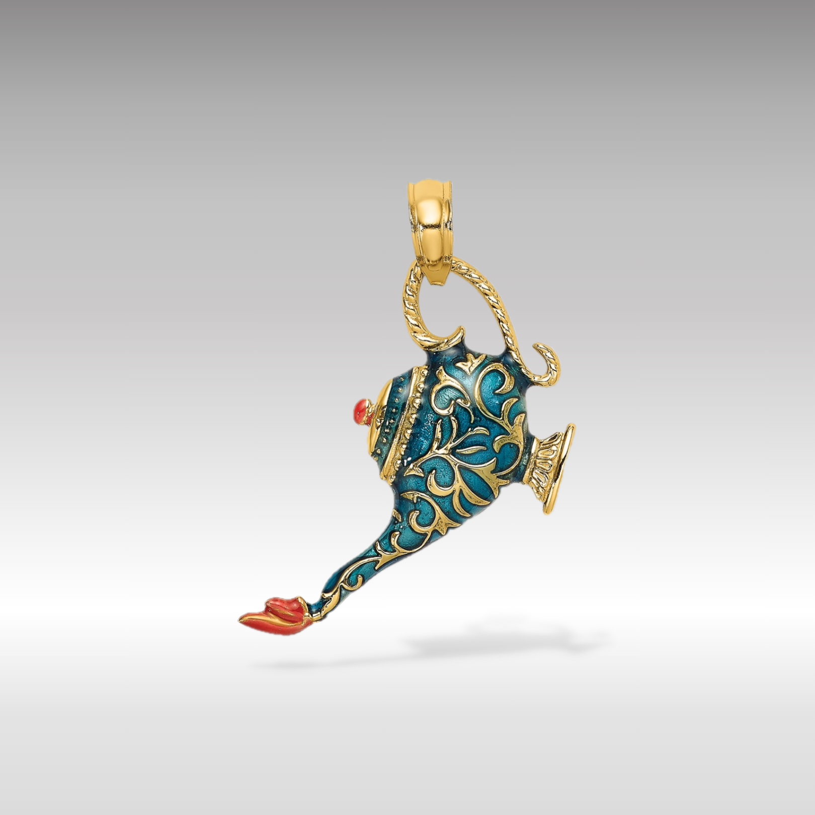 14K Gold with Enamel 3D Textured Blue Genie Lamp Pendant - Charlie & Co. Jewelry
