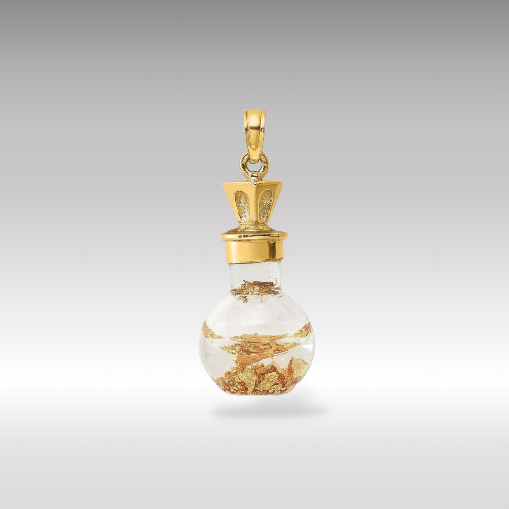 14K Gold 3D Gold Leaf in Bottle Pendant - Charlie & Co. Jewelry