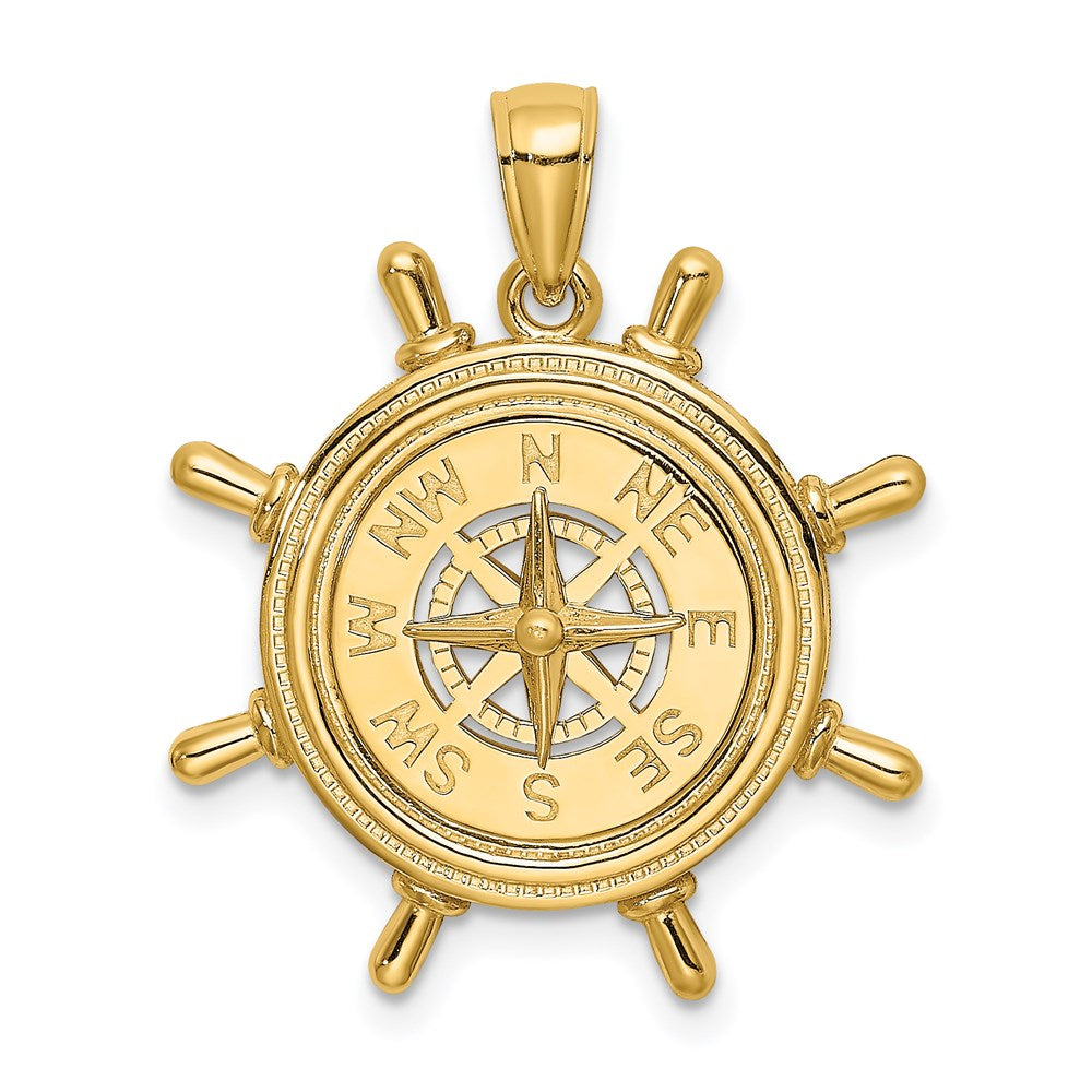 14K Gold Ship's Wheel with Nautical Compass Pendant - Charlie & Co. Jewelry