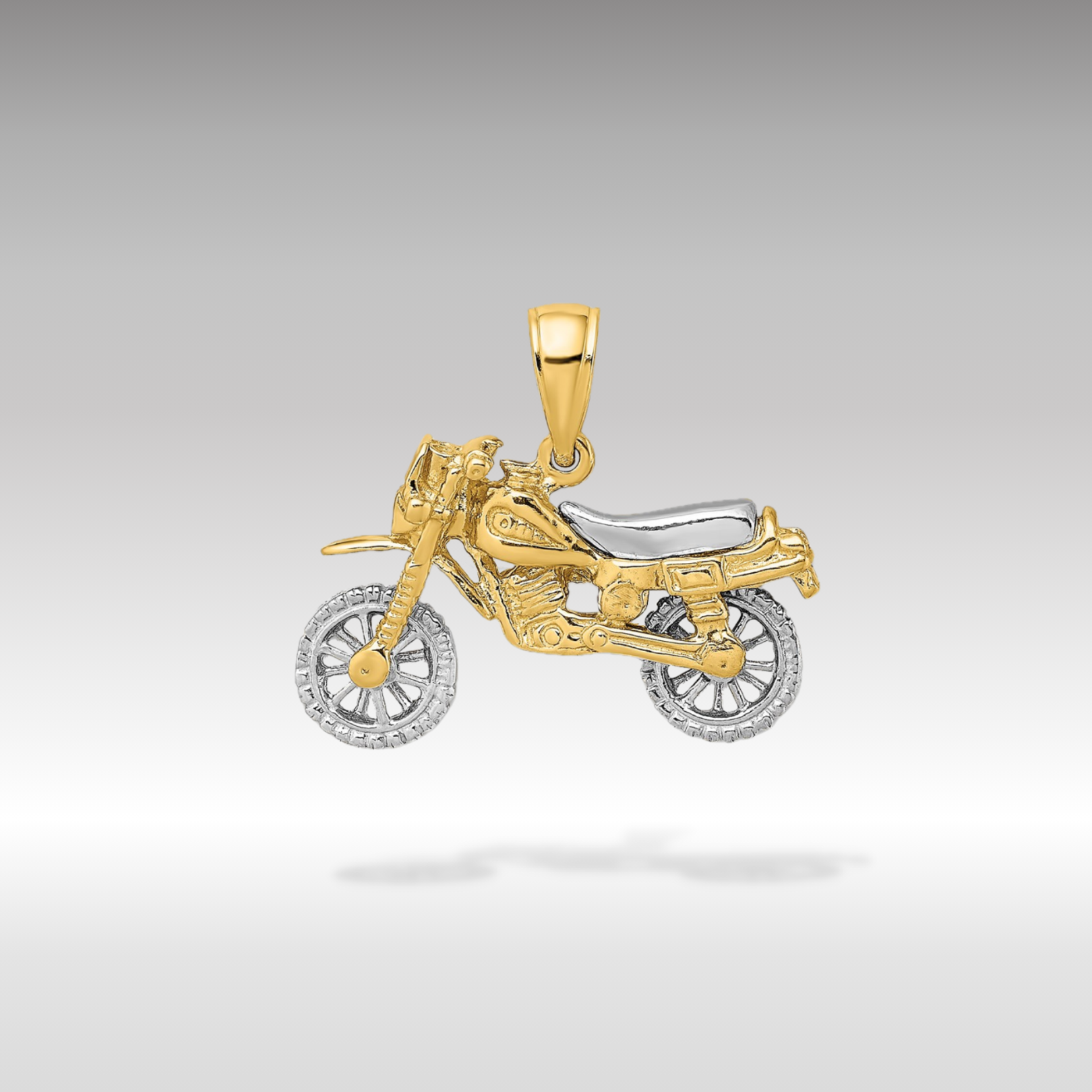 14K Gold Two-Tone 3D Moveable Dirt Bike Motorcycle Pendant - Charlie & Co. Jewelry
