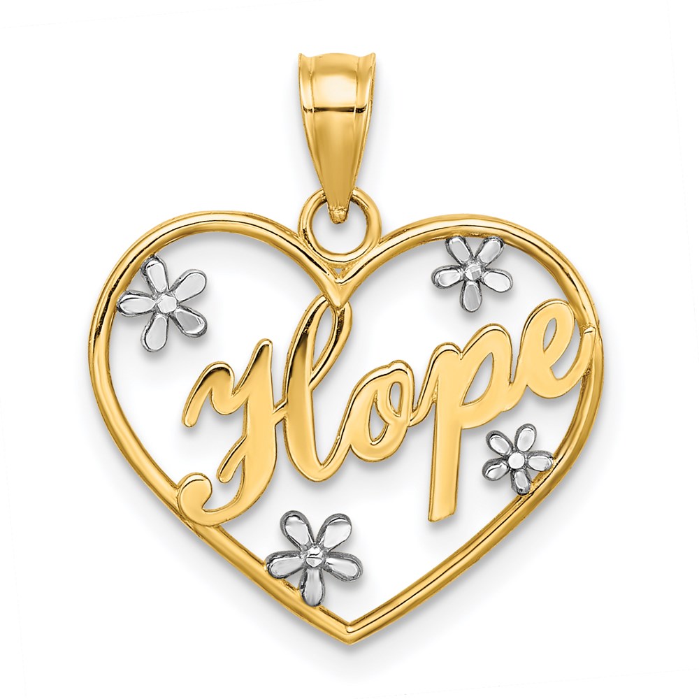 14K Yellow Gold and White Gold 'Hope in Heart' Necklace Pendant with Floral Accents - Charlie & Co. Jewelry