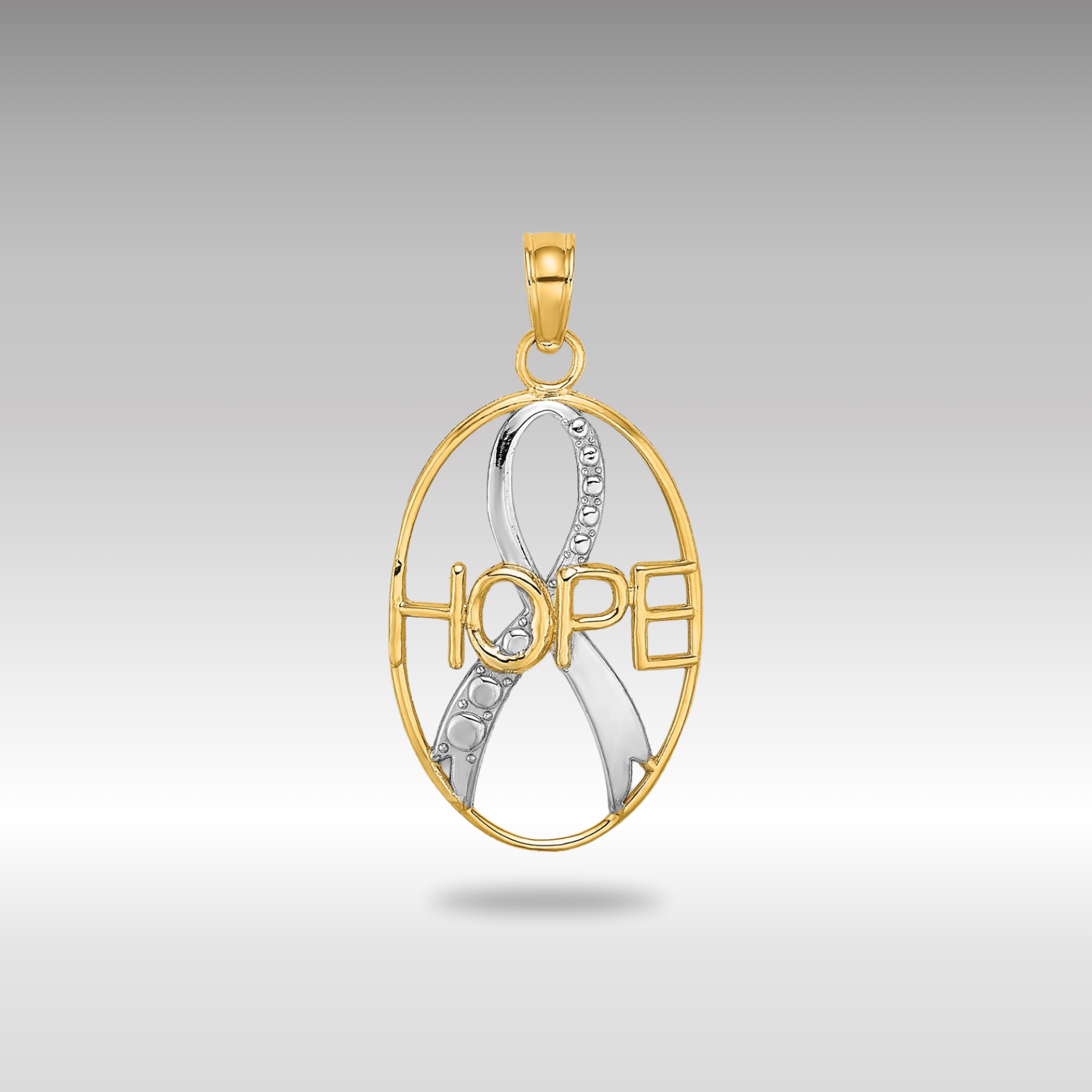 Yellow and White Gold Textured HOPE Ribbon Charm Necklace - Charlie & Co. Jewelry