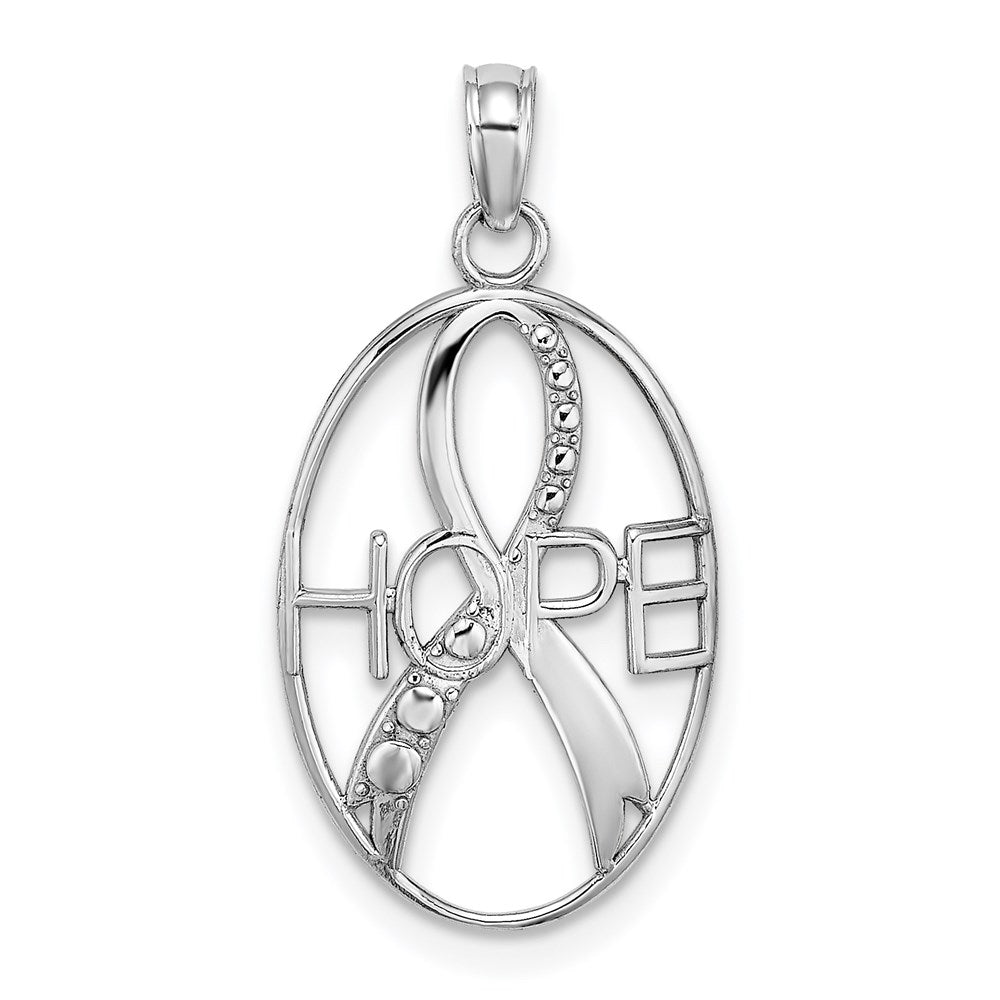 14K White Gold Textured 'HOPE' with Ribbon Necklace Pendant - Charlie & Co. Jewelry