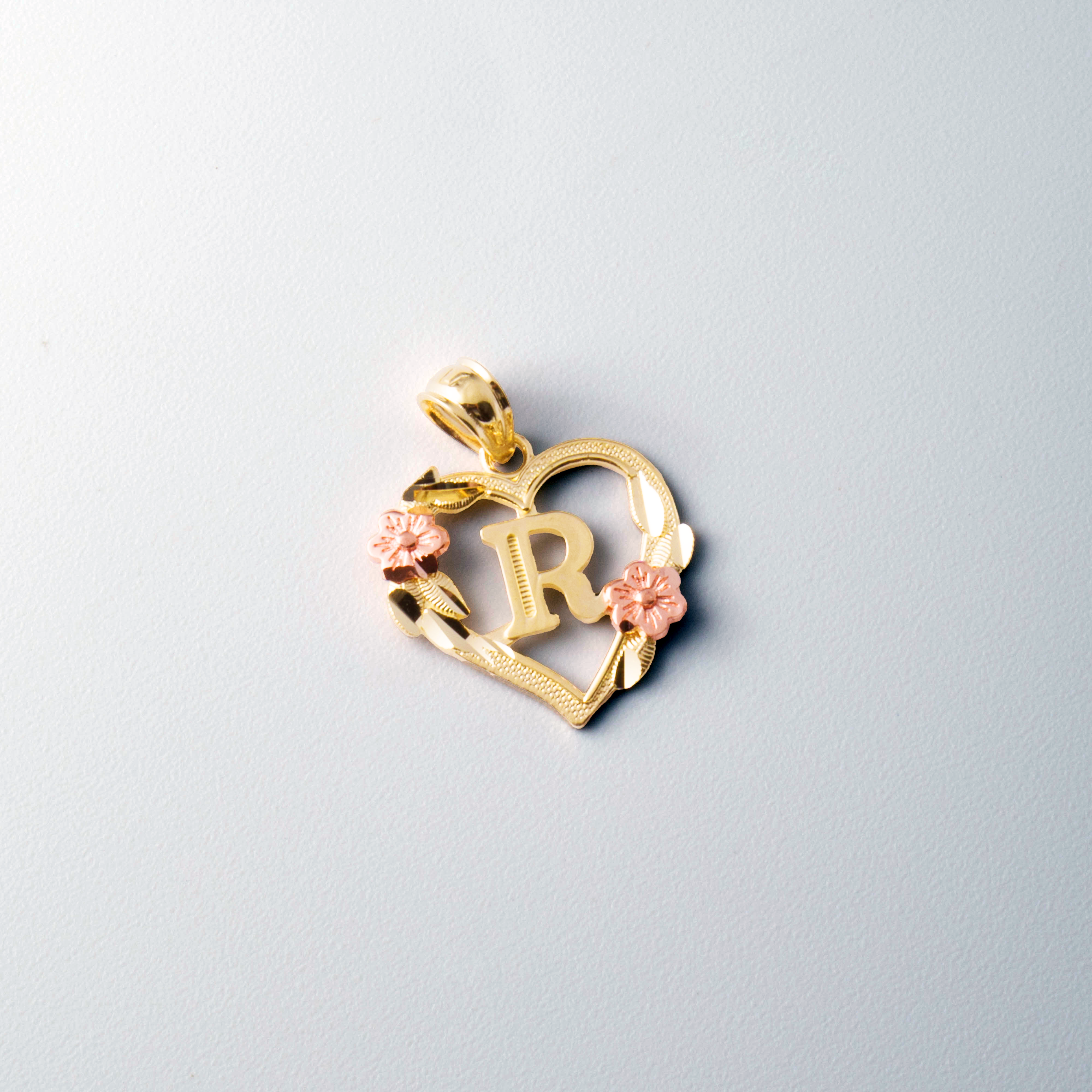 14K Gold Heart Letter R Pendant with Flowers | A-Z Pendants
