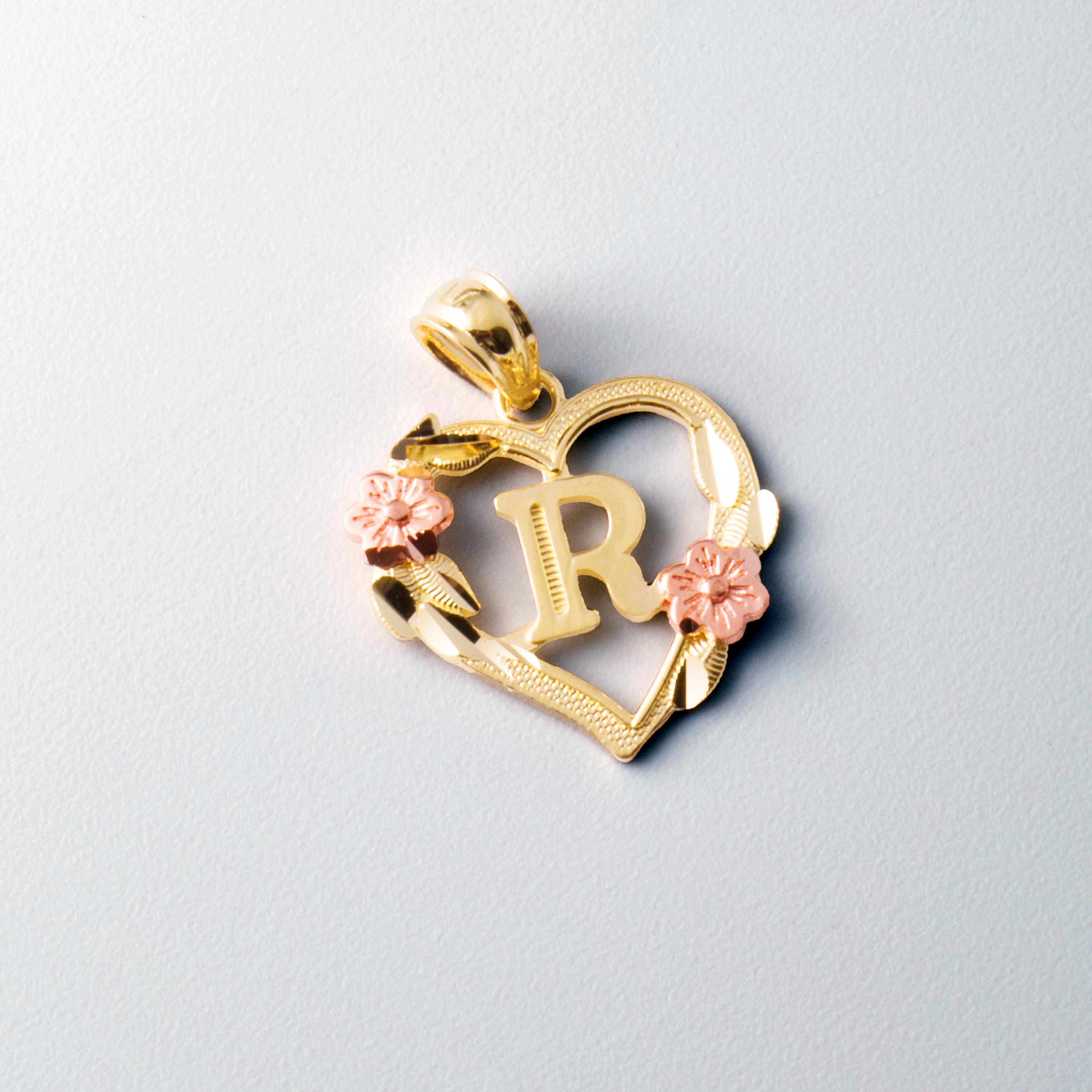 14K Gold Heart Letter R Pendant with Flowers | A-Z Pendants - Charlie & Co. Jewelry