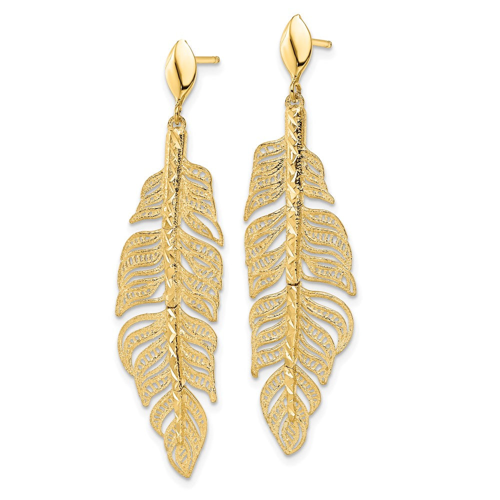 Gold Leslie's 14k Polished D/C Textured Leaf Post Dangle Earrings - Model LE2153 - Charlie & Co. Jewelry