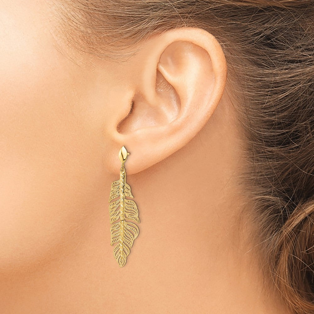 Gold Leslie's 14k Polished D/C Textured Leaf Post Dangle Earrings - Model LE2153 - Charlie & Co. Jewelry