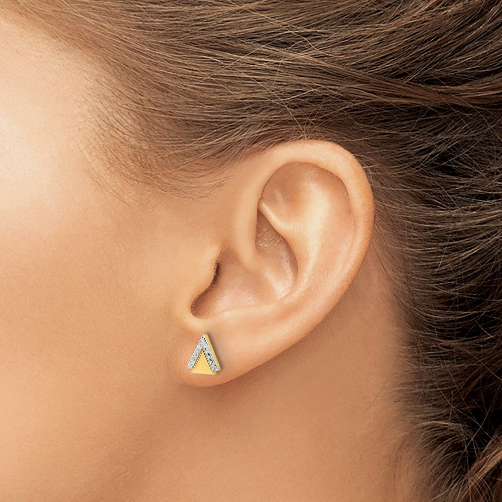 Gold Leslie's 14K with Rhodium Polished and Diamond-cut Triangle Post Earrings - Model LE2355 - Charlie & Co. Jewelry