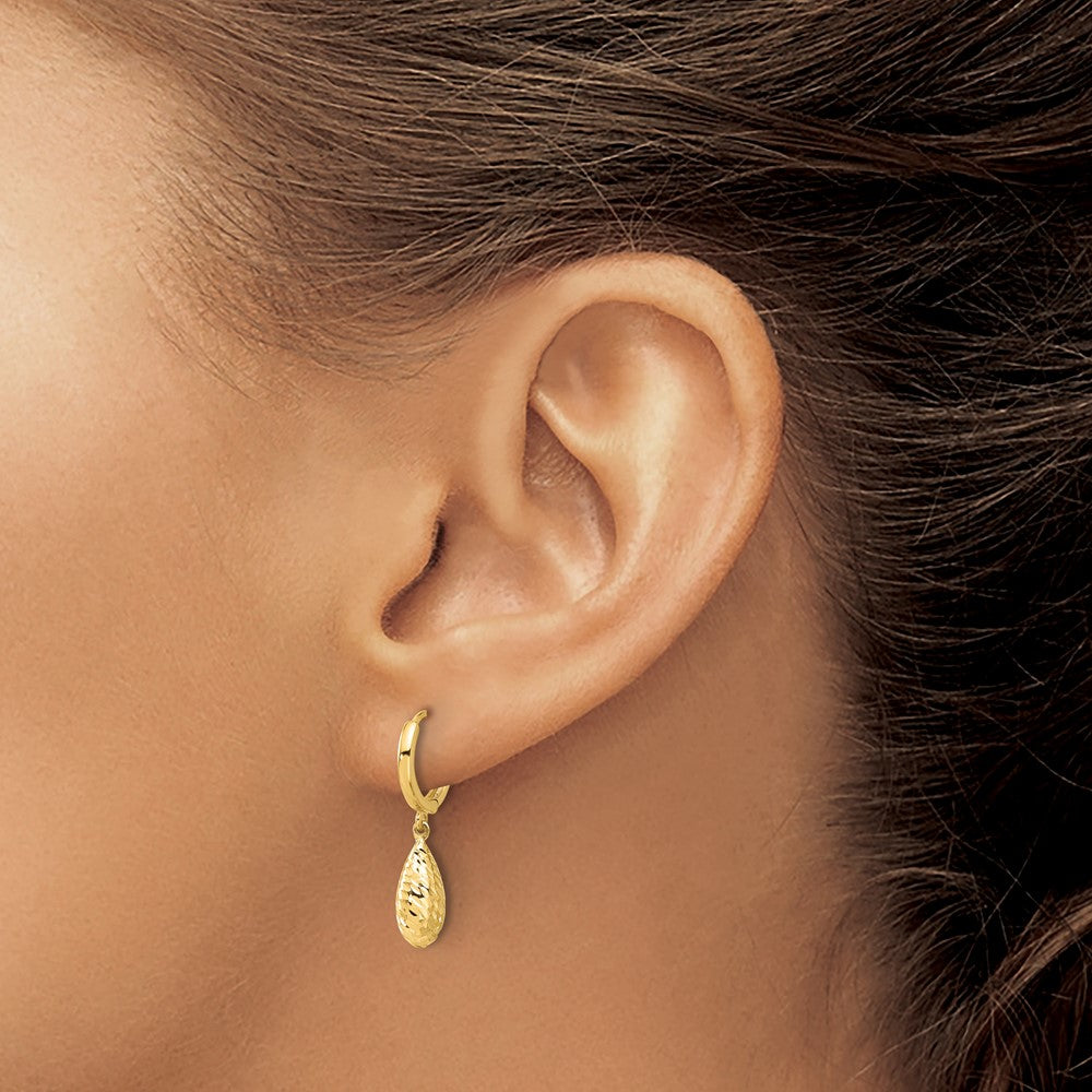 Gold Leslie's 14K Polished and Diamond-cut Dangle Hoop Earrings - Model LE2364 - Charlie & Co. Jewelry