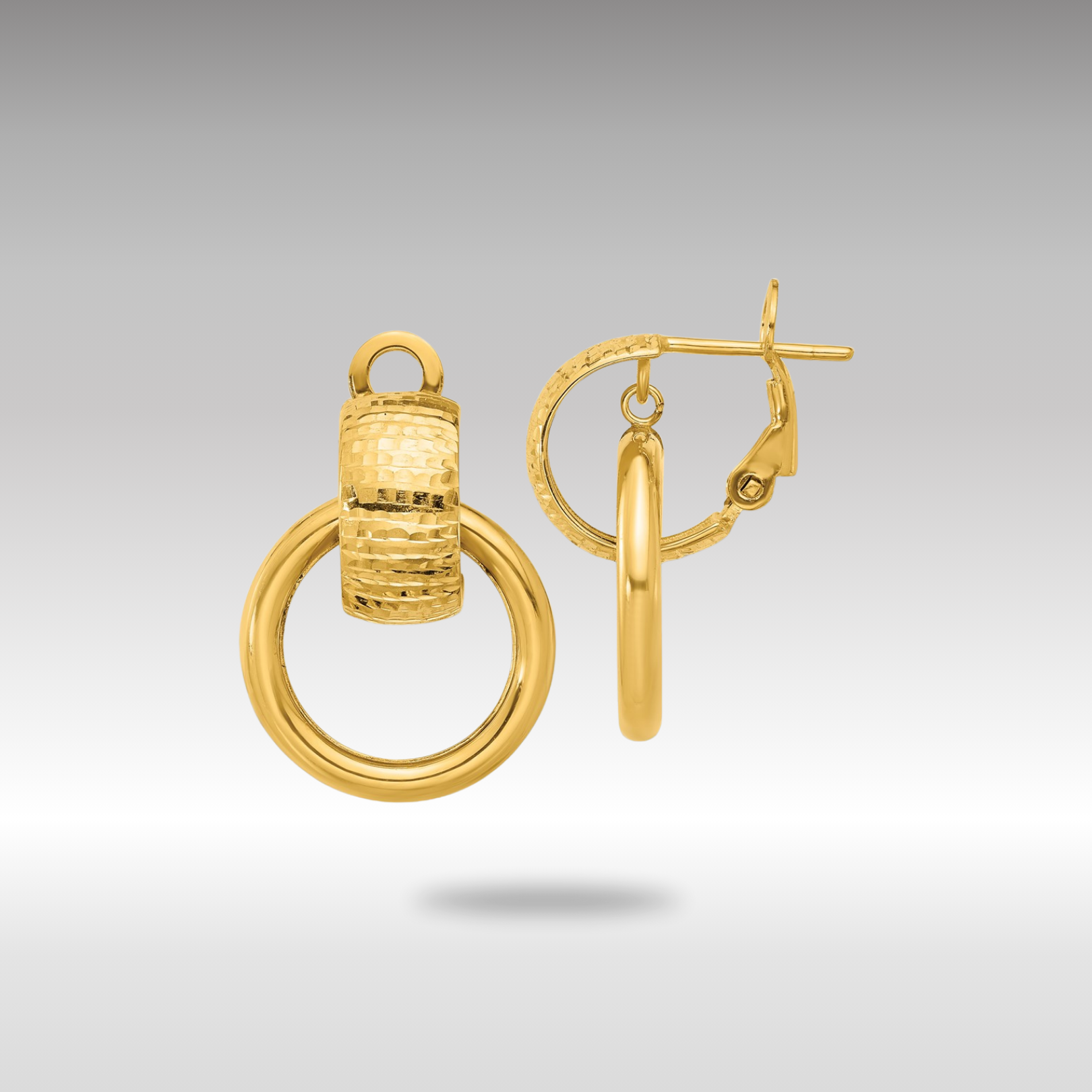 Gold Polished and D/C Circle Dangle Omega Back Earrings - Model LE2720 - Charlie & Co. Jewelry