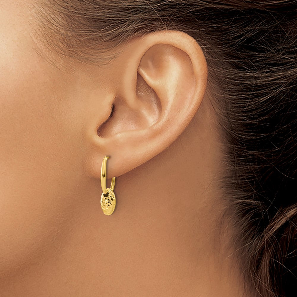 Gold Leslie's 14K Polished / Dia-cut Oval with Bead Hinged Hoop Earrings - Model LE2893 - Charlie & Co. Jewelry
