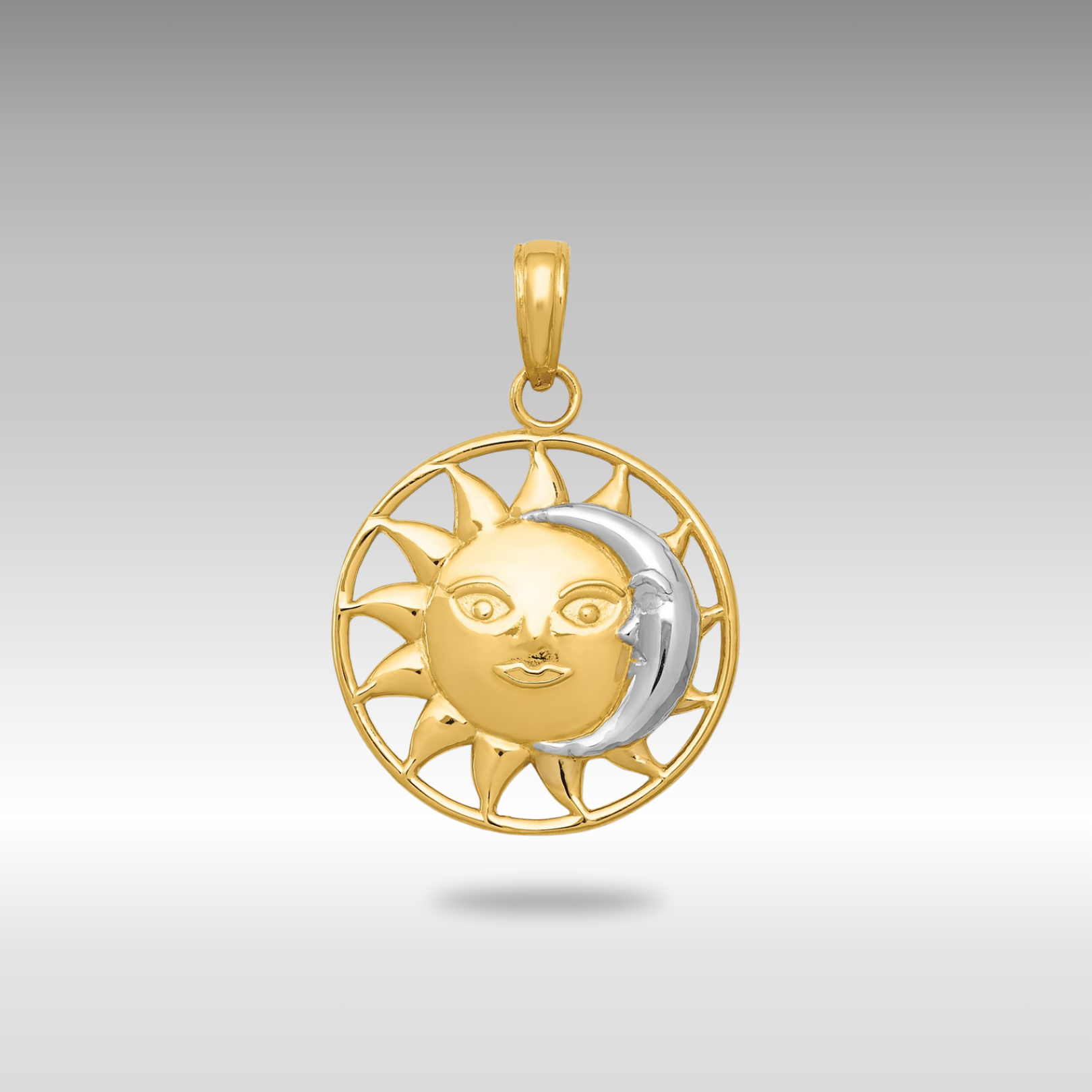 Yellow and White Gold Sun and Moon Charm Necklace Model-M2204 - Charlie & Co. Jewelry