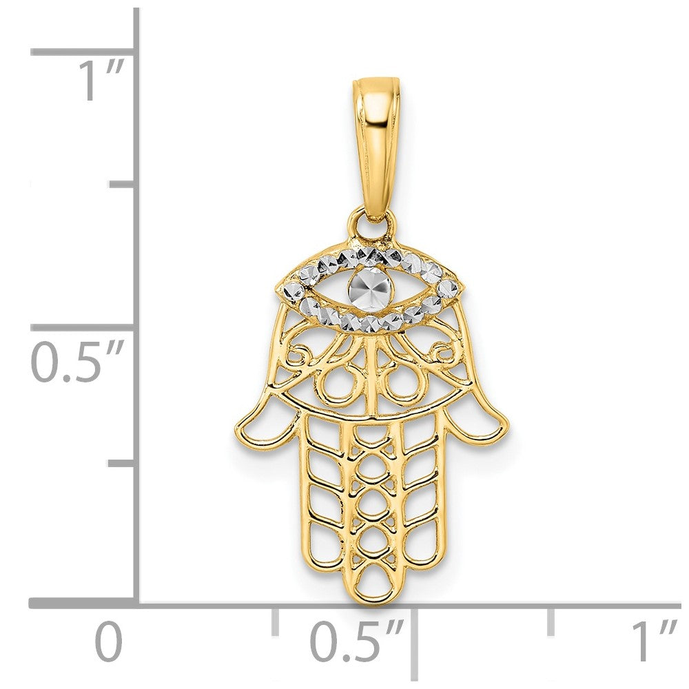 14K Yellow and White Gold Diamond-Cut Hamsa Evil Eye Pendant - Charlie & Co. Jewelry