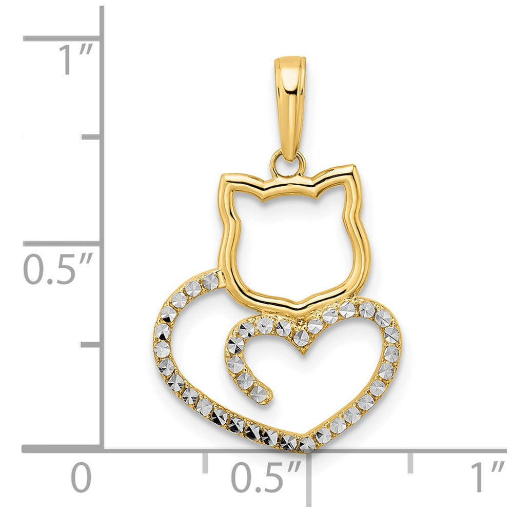 14K Yellow Gold and White Gold Diamond-Cut Cat Heart Necklace Pendant - Charlie & Co. Jewelry