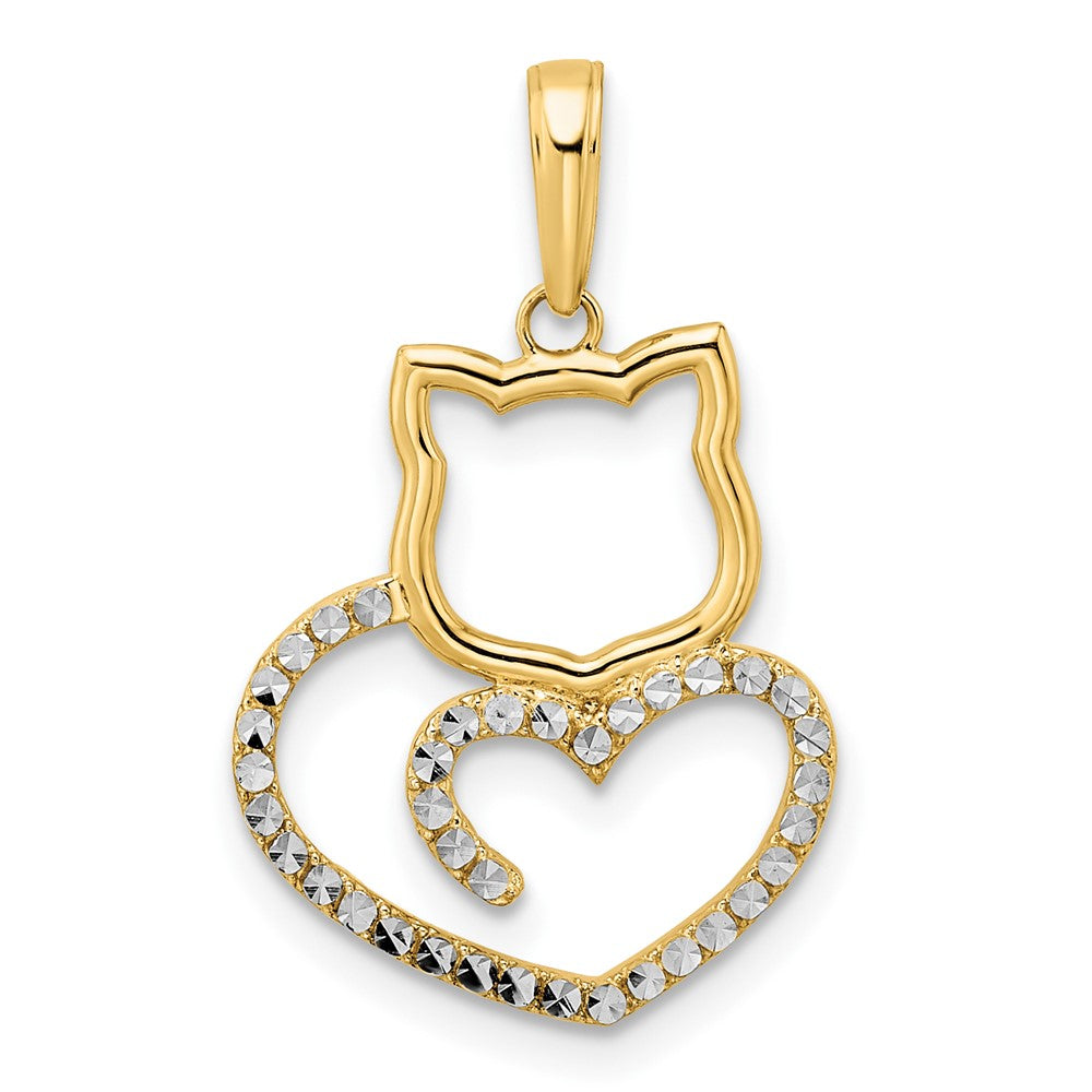 14K Yellow Gold and White Gold Diamond-Cut Cat Heart Necklace Pendant - Charlie & Co. Jewelry
