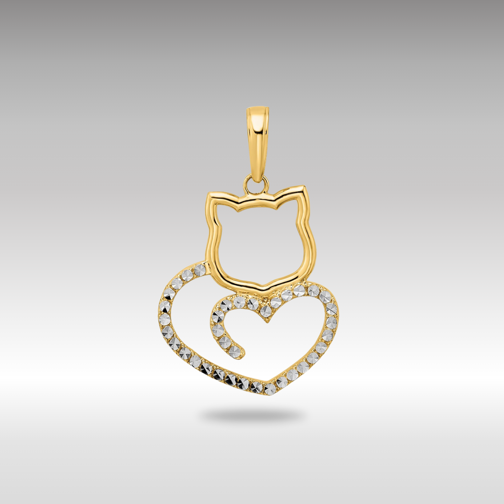 Yellow and White Gold Diamond-Cut Cat Heart Necklace Pendant - Charlie & Co. Jewelry