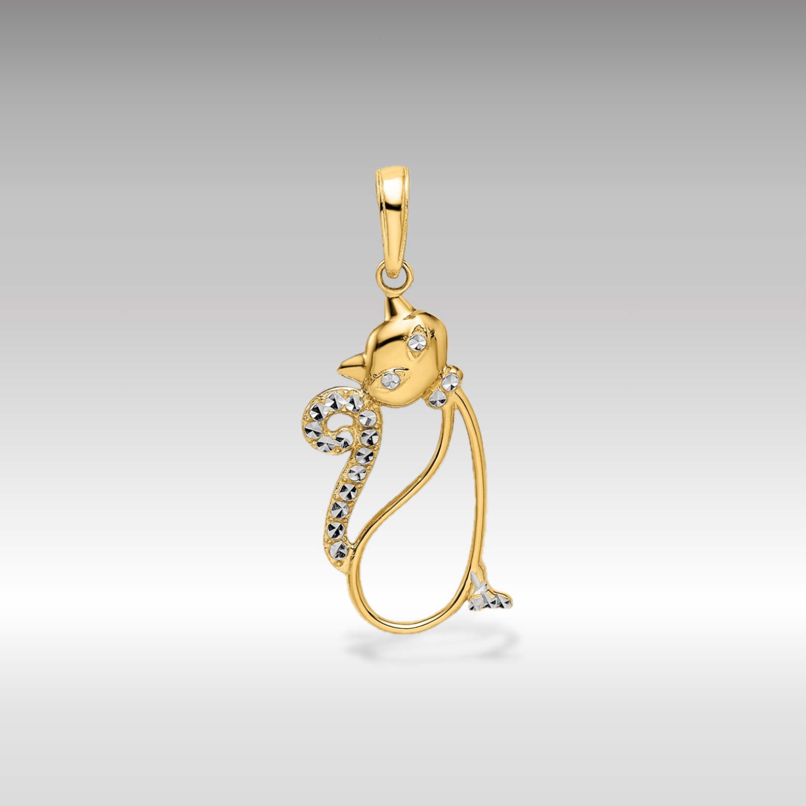 14K Gold and White Rhodium Diamond-Cut Cat Pendant - Charlie & Co. Jewelry