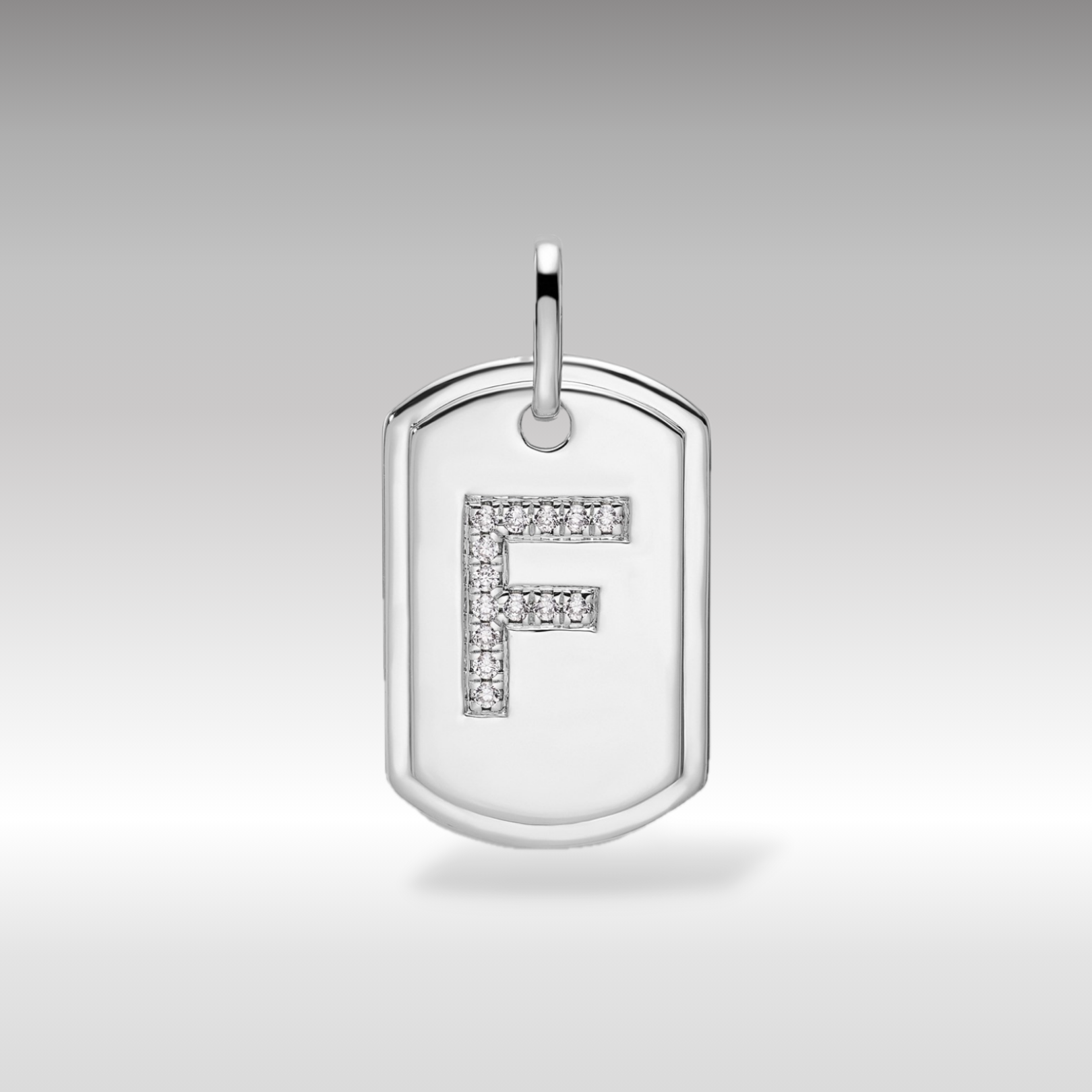 14K White Gold Initial "F" Dog Tag With Genuine Diamonds - Charlie & Co. Jewelry