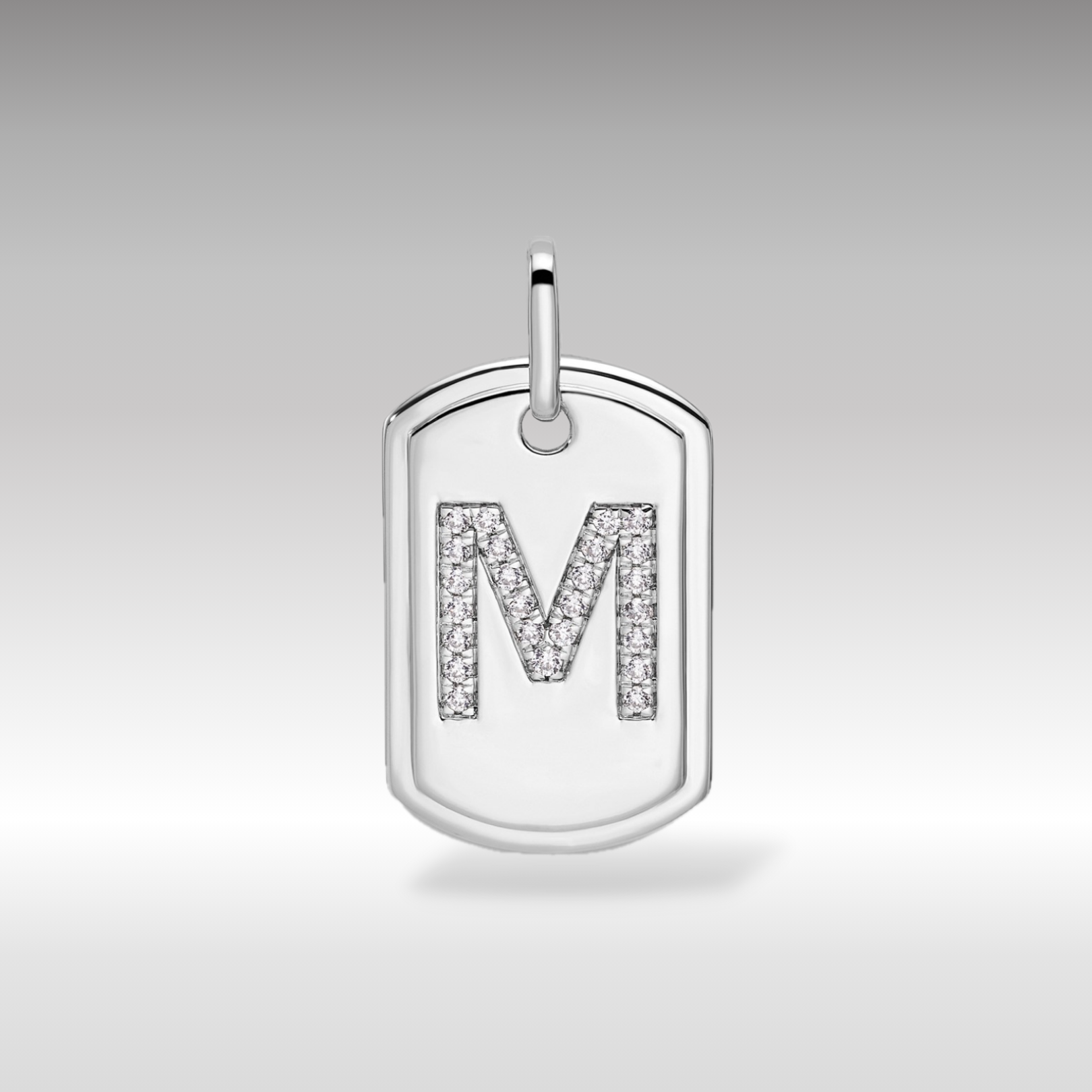 14K White Gold Initial "M" Dog Tag With Genuine Diamonds - Charlie & Co. Jewelry