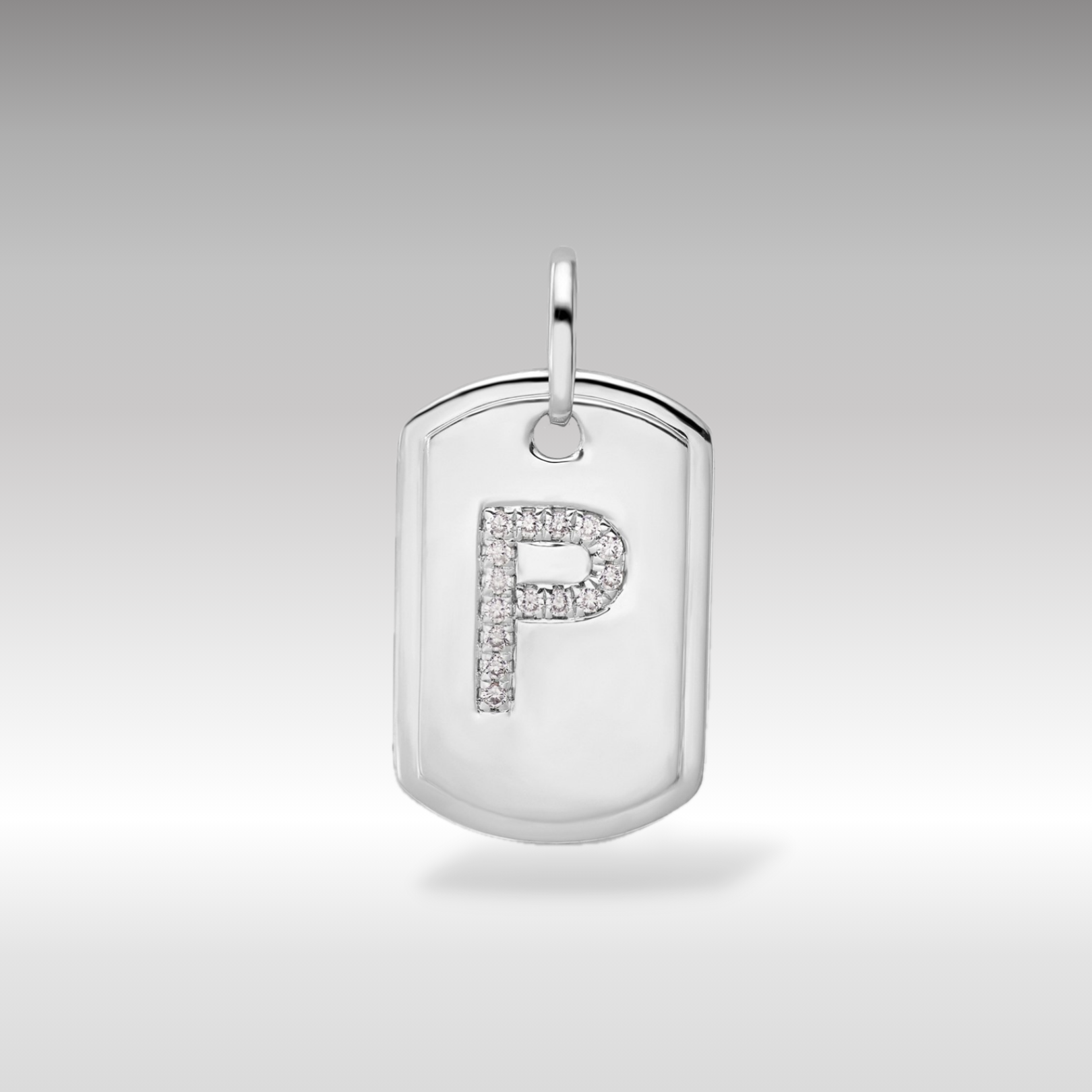 14K White Gold Initial "P"Dog Tag  With Genuine Diamonds - Charlie & Co. Jewelry