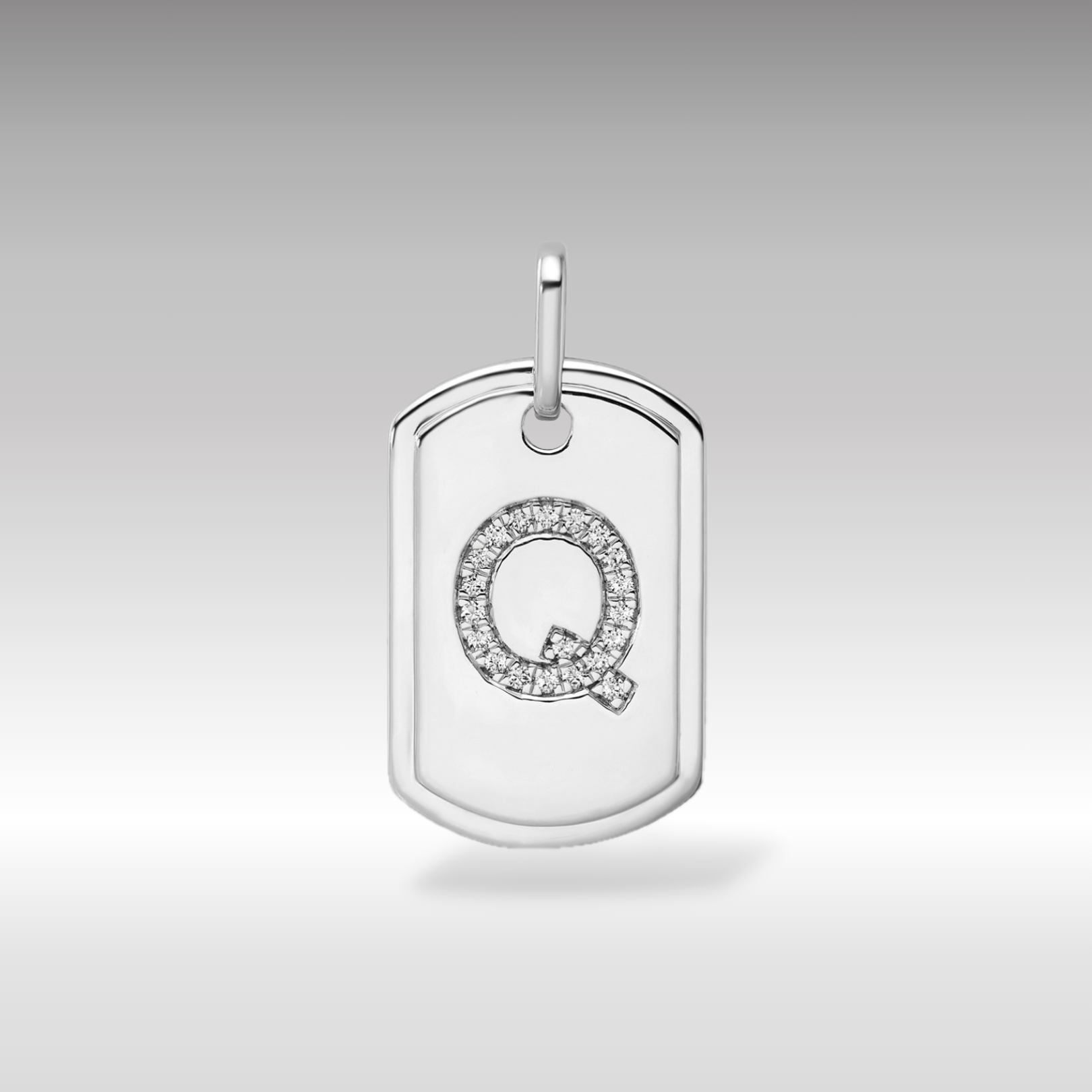 14K White Gold Initial "Q" Dog Tag With Genuine Diamonds - Charlie & Co. Jewelry